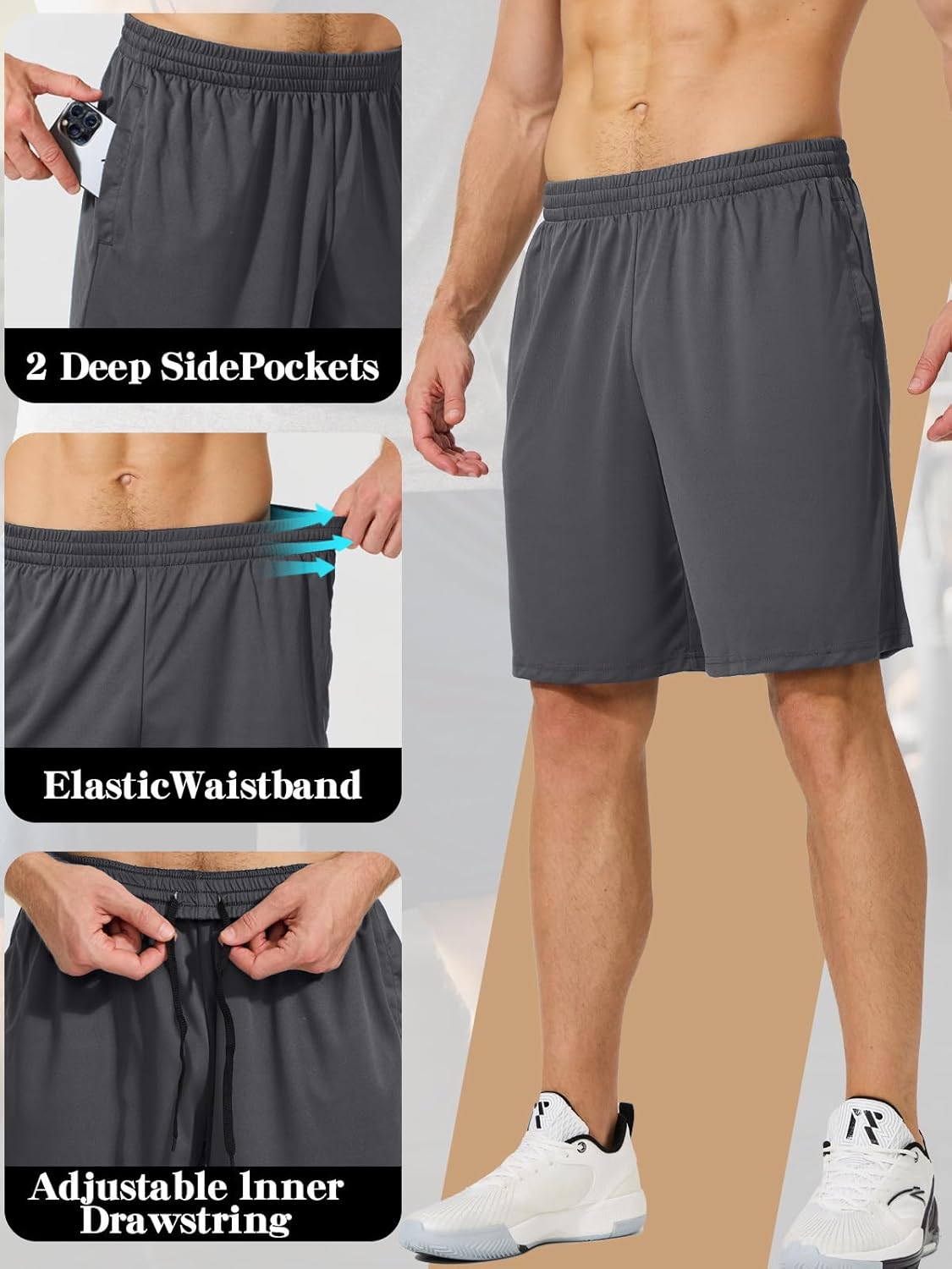 Detalle 2 de ZENGVEE 1/3 Pack Men's Sport Shorts – Quick-Dry Gym Shorts with Two Pockets