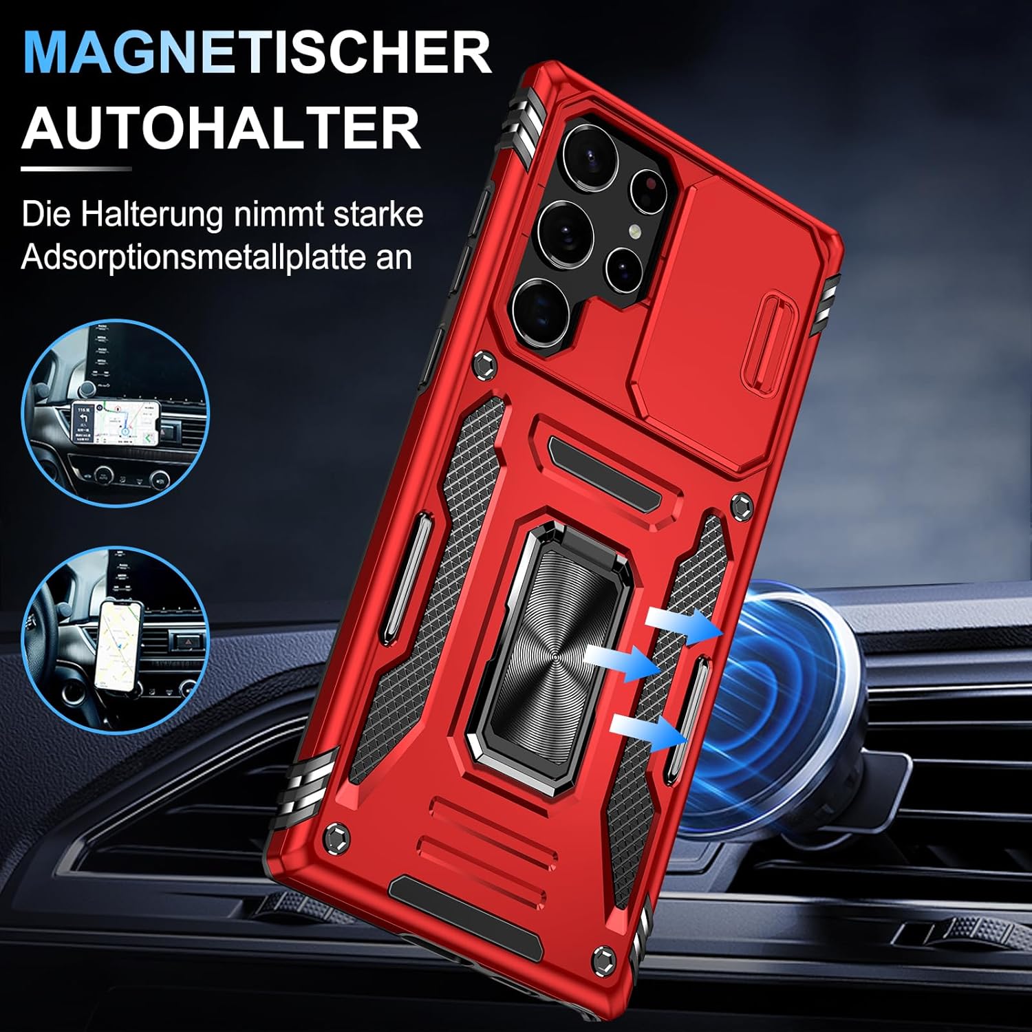 Thumbnail 4 de Handyhülle Samsung Galaxy S22 Ultra mit Slide Camera – 360° Metallring, Stoßfest und Ständer (Rot)