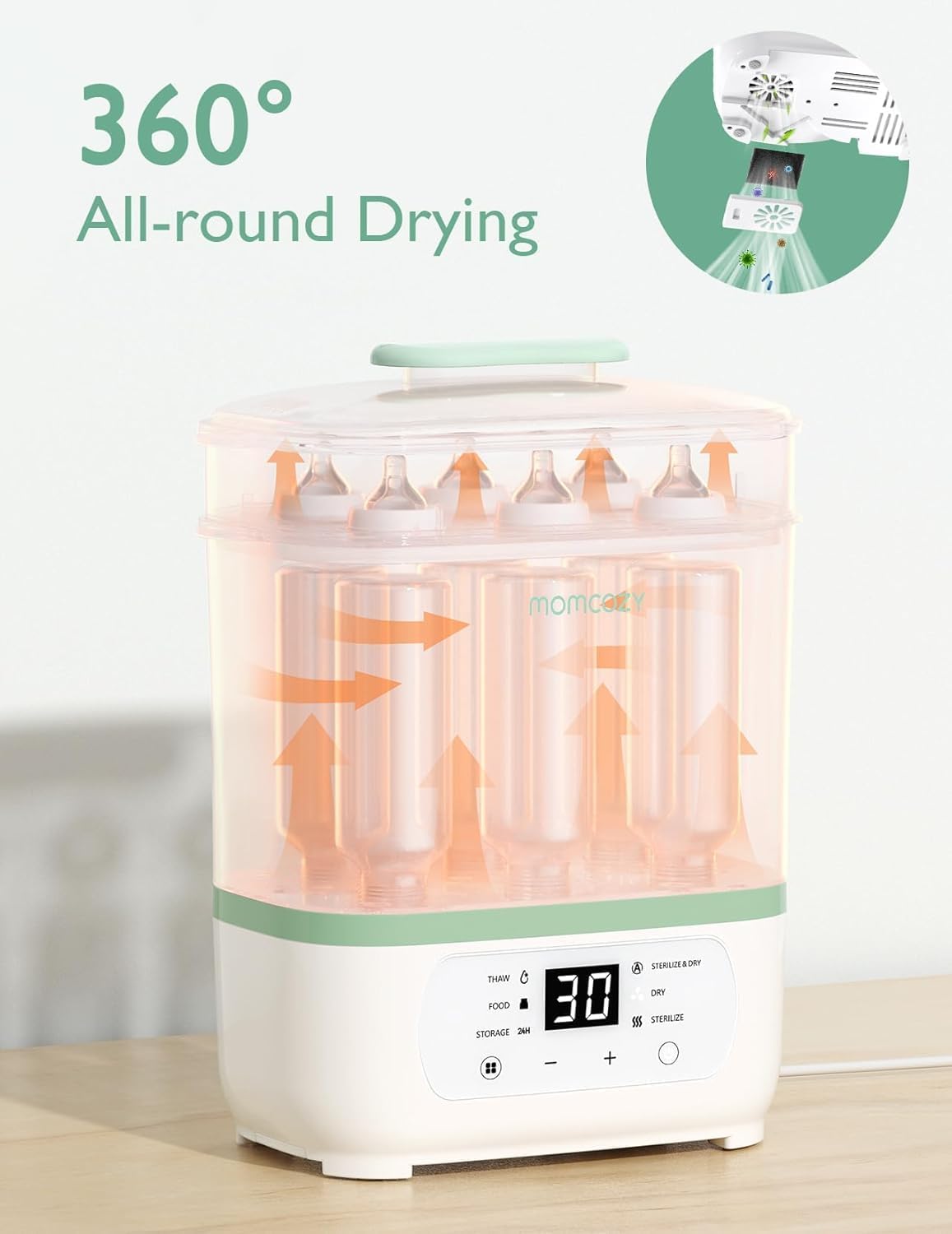 Detalle de Momcozy elektrische stoomsterilisator 3-in-1 voor babyflessen, met droog- en verwarmfunctie
