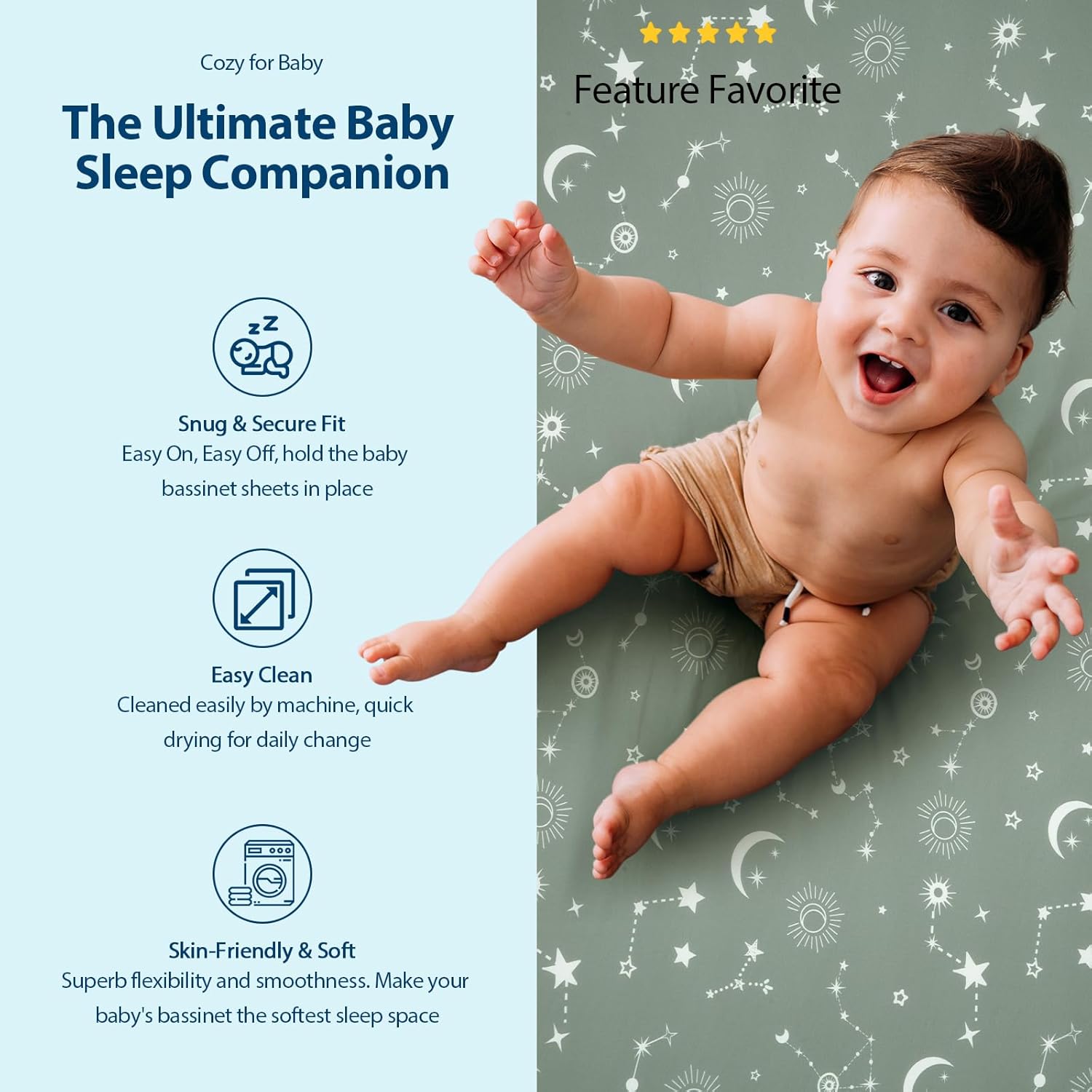 Thumbnail 4 de Unnivoll Moses Basket Sheets 3 Pack (Super Soft & Breathable) – Fitted Pram Sheet Set, Gray Green Constellation