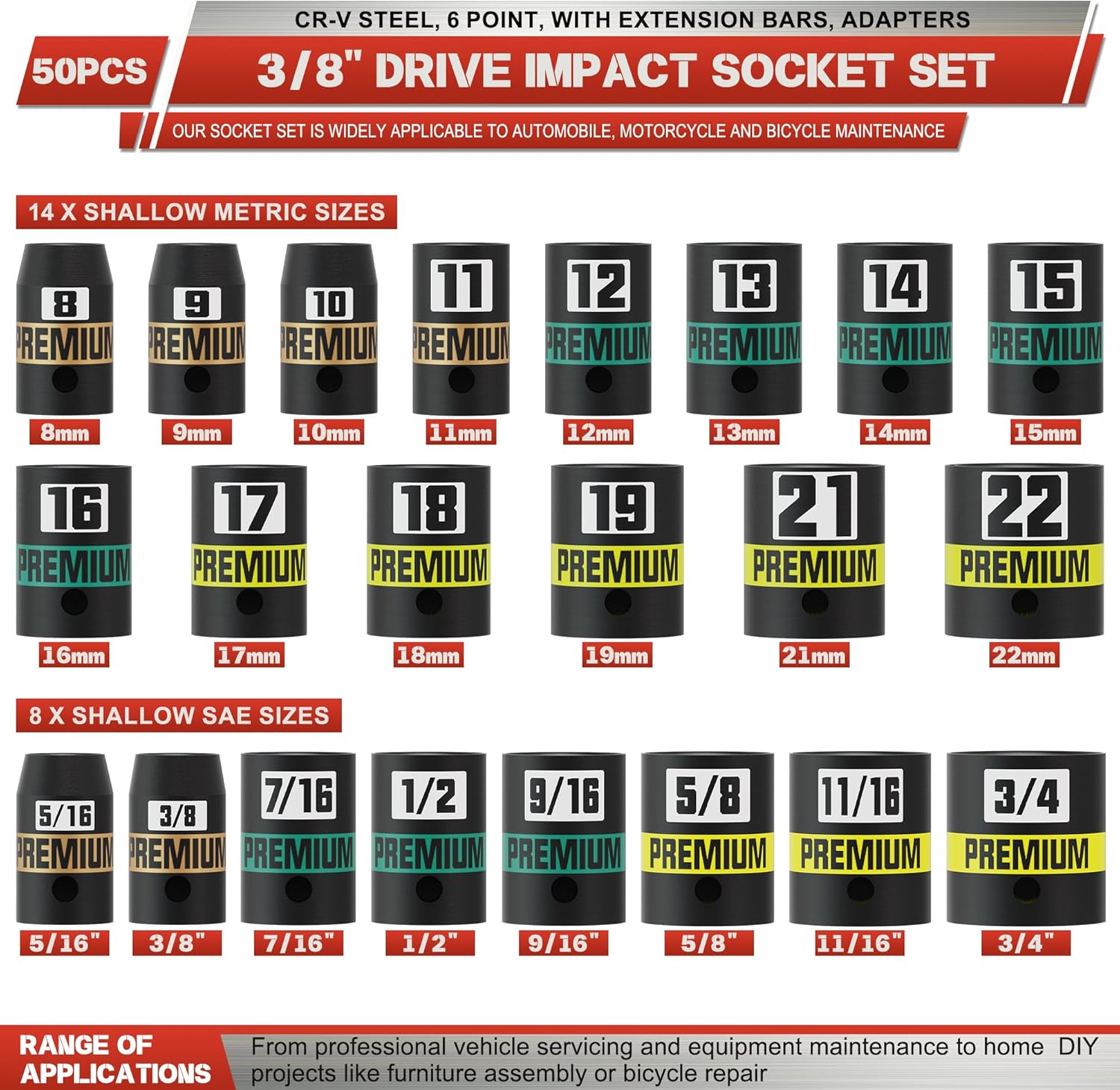 Thumbnail 1 de KIRXST 3/8" Drive Impact Socket Set, 50-Piece (SAE 5/16–3/4, Metric 8–22mm) with Extensions, Adapters, and 6-Point Cr-V