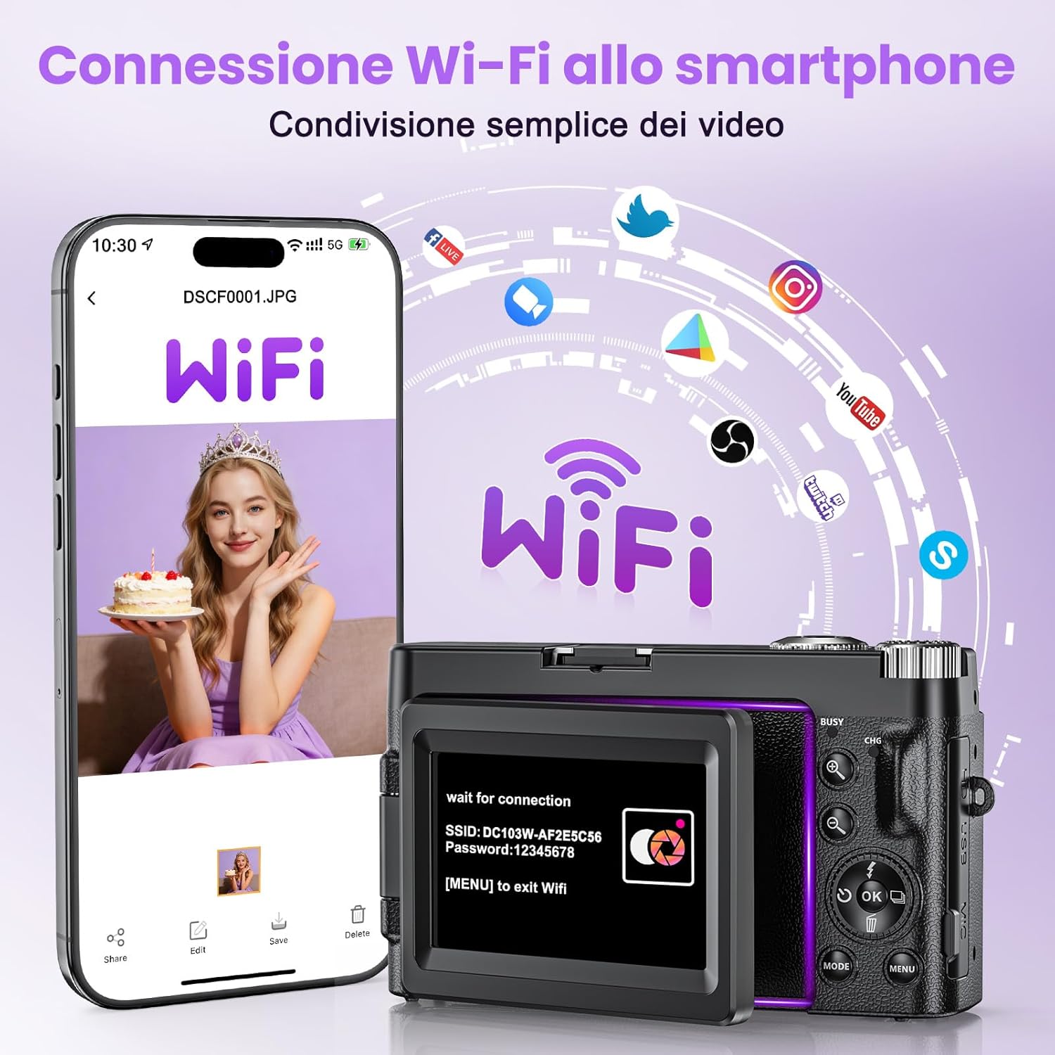 Thumbnail 1 de Fotocamera Digitale 4K 64MP WiFi 16X Zoom con Schermo Girevole 180° – Kit Completo per Vlog e Selfie