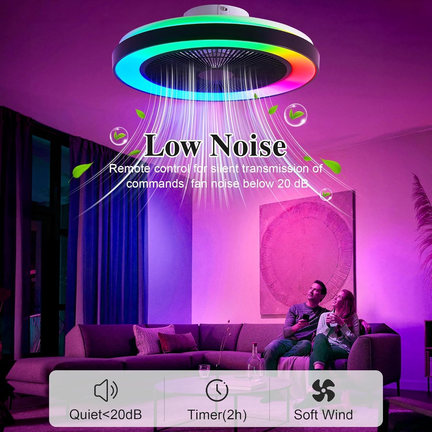 Thumbnail 3 de EKDADL Ventilateur de plafond RGB avec lumière intégrée et télécommande – silencieux, 3 vitesses
