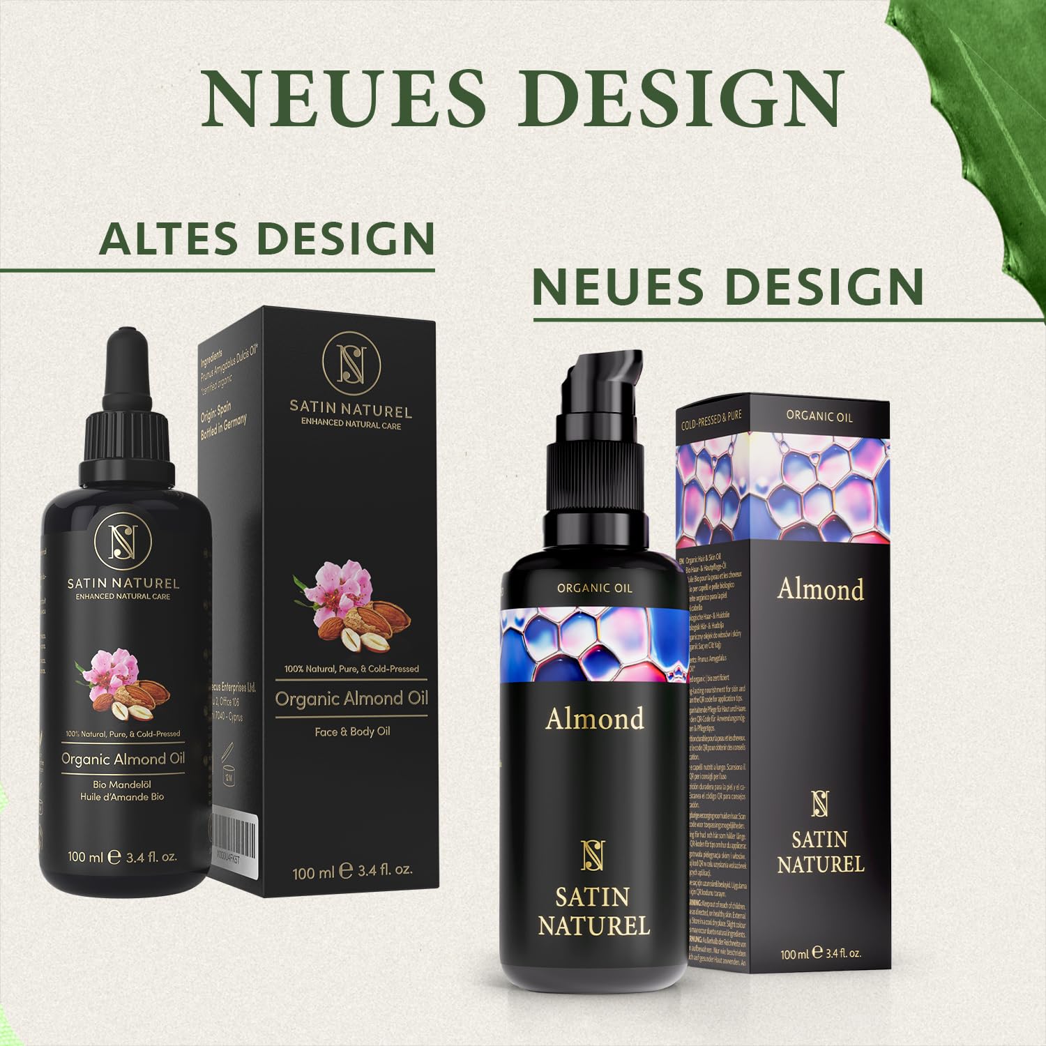 Detalle de Satin Naturel Mandelöl BIO kaltgepresst naturrein (100 ml) – 100% Süßes Mandelöl für Haar, Haut & Massage