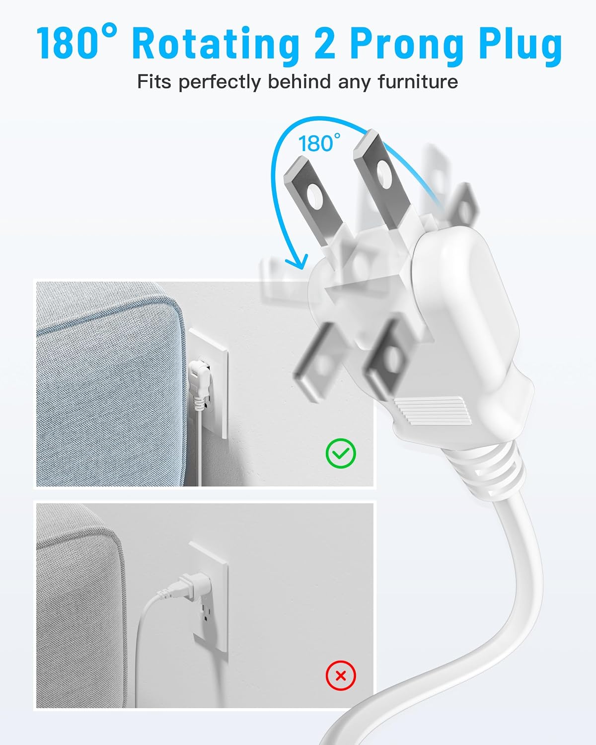 Detalle de Yozisital 10FT 2-Prong Power Strip with 2-Prong to 3-Prong Adapter, 6 AC Outlets + 4 USB (2 USB-C), Rotating Plug & Surge Protection