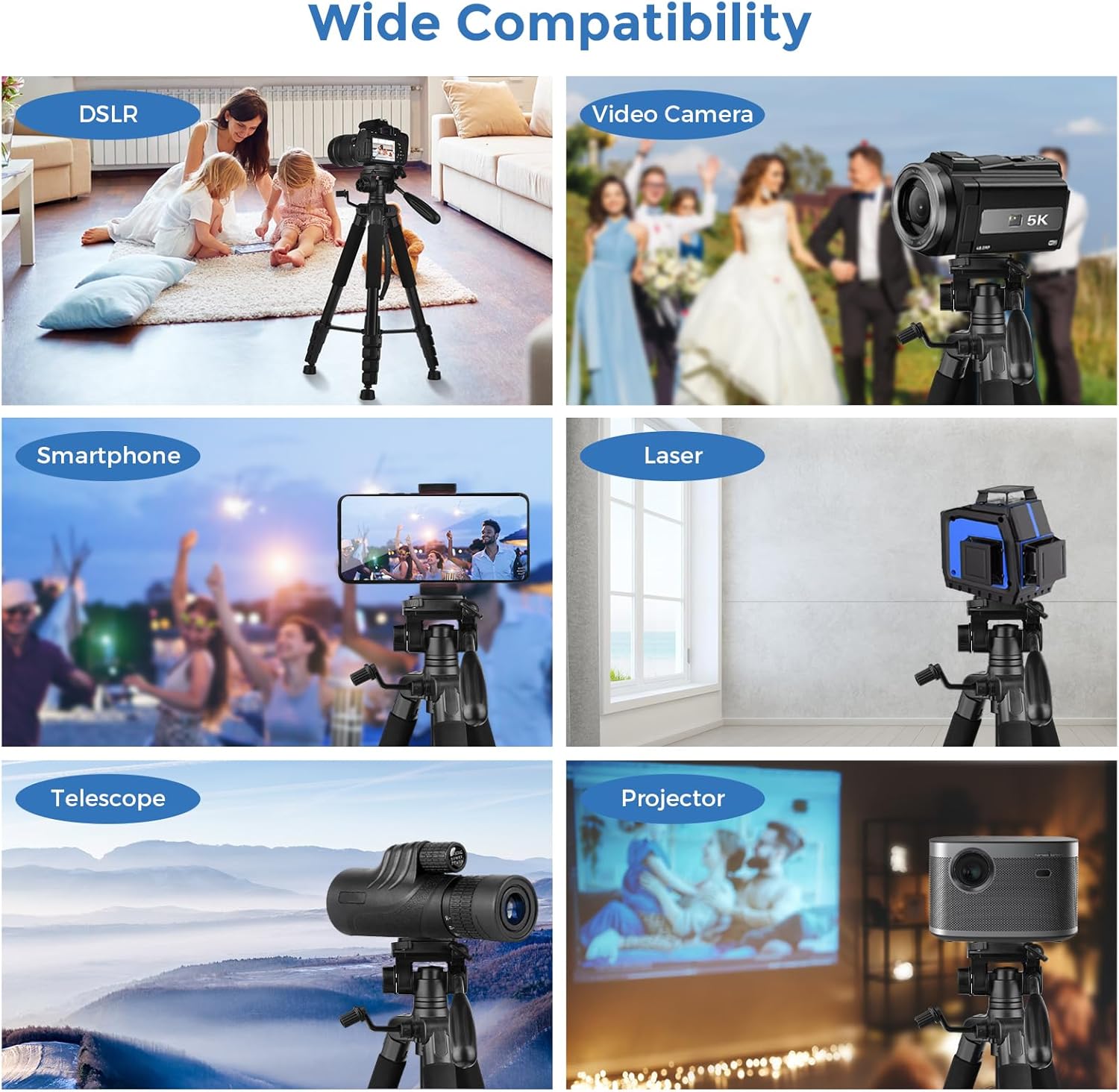 Detalle 2 de LINKCOOL 74 Inch Tall Aluminum Camera Tripod Stand with Detachable Head and Phone Mount – Titanium Grey
