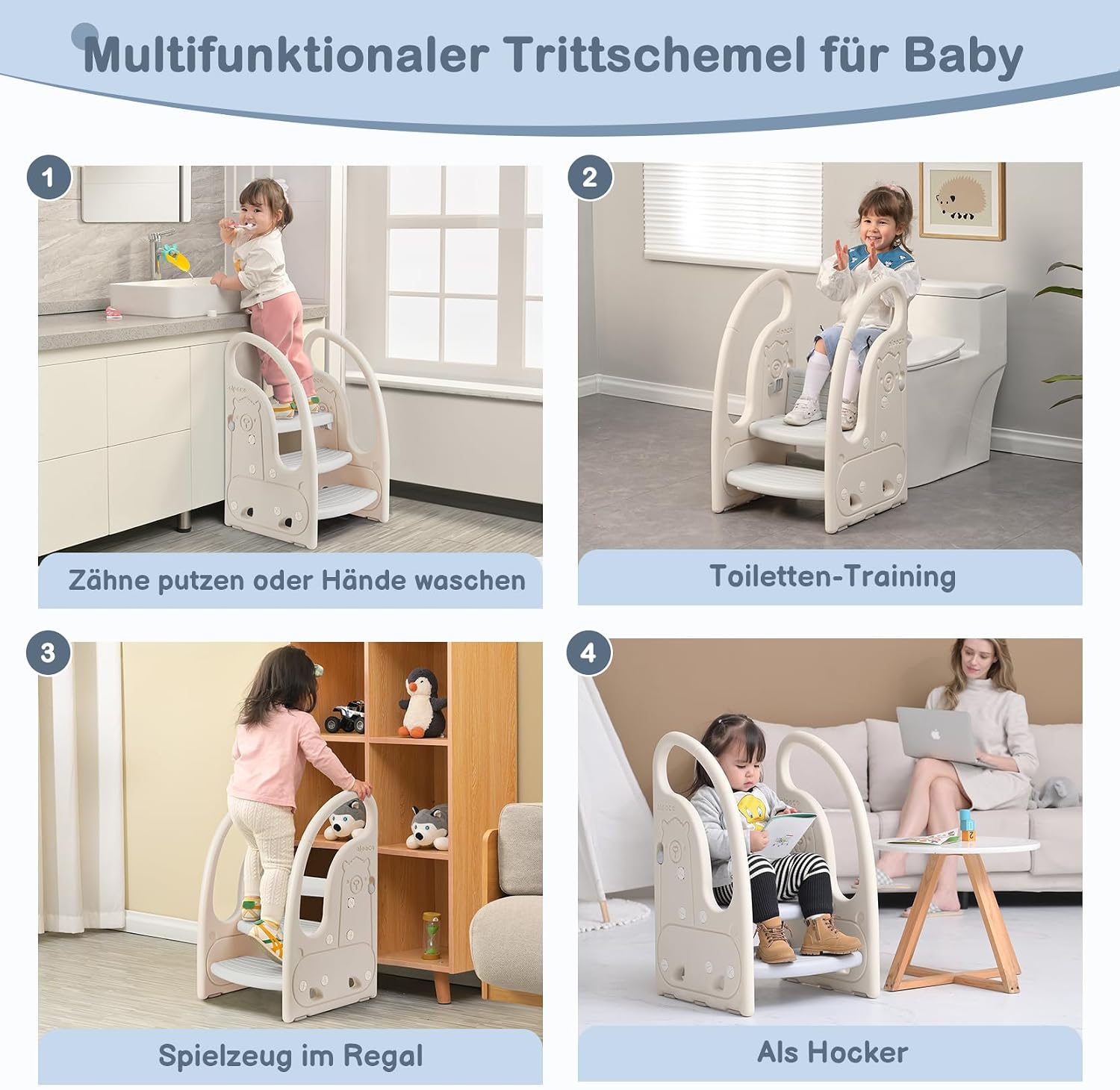 Thumbnail 1 de Onasti Tritthocker für Kinder – dreistufiger höhenverstellbarer Tritt-Schemel mit Handlauf, Anti-Rutsch (ca. 1,5 bis 6 Jahre, grau)