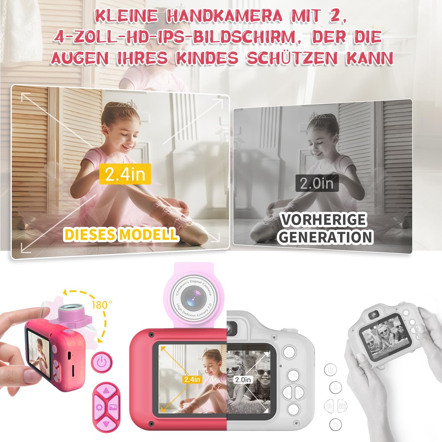 Detalle de ARNSSIEN Digitalkamera für Kinder 3–12 Jahre – 2,4" Selfie-Kamera mit 180° Drehobjektiv, 1080P, 8GB TF-Karte, 31 Bilderrahmen & 10 Puzzle-Spiele