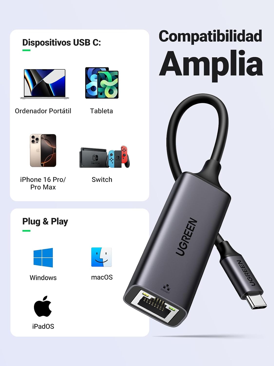 Thumbnail 4 de UGREEN Adaptador USB-C a RJ45 🌐 Ethernet Gigabit 1000Mbps