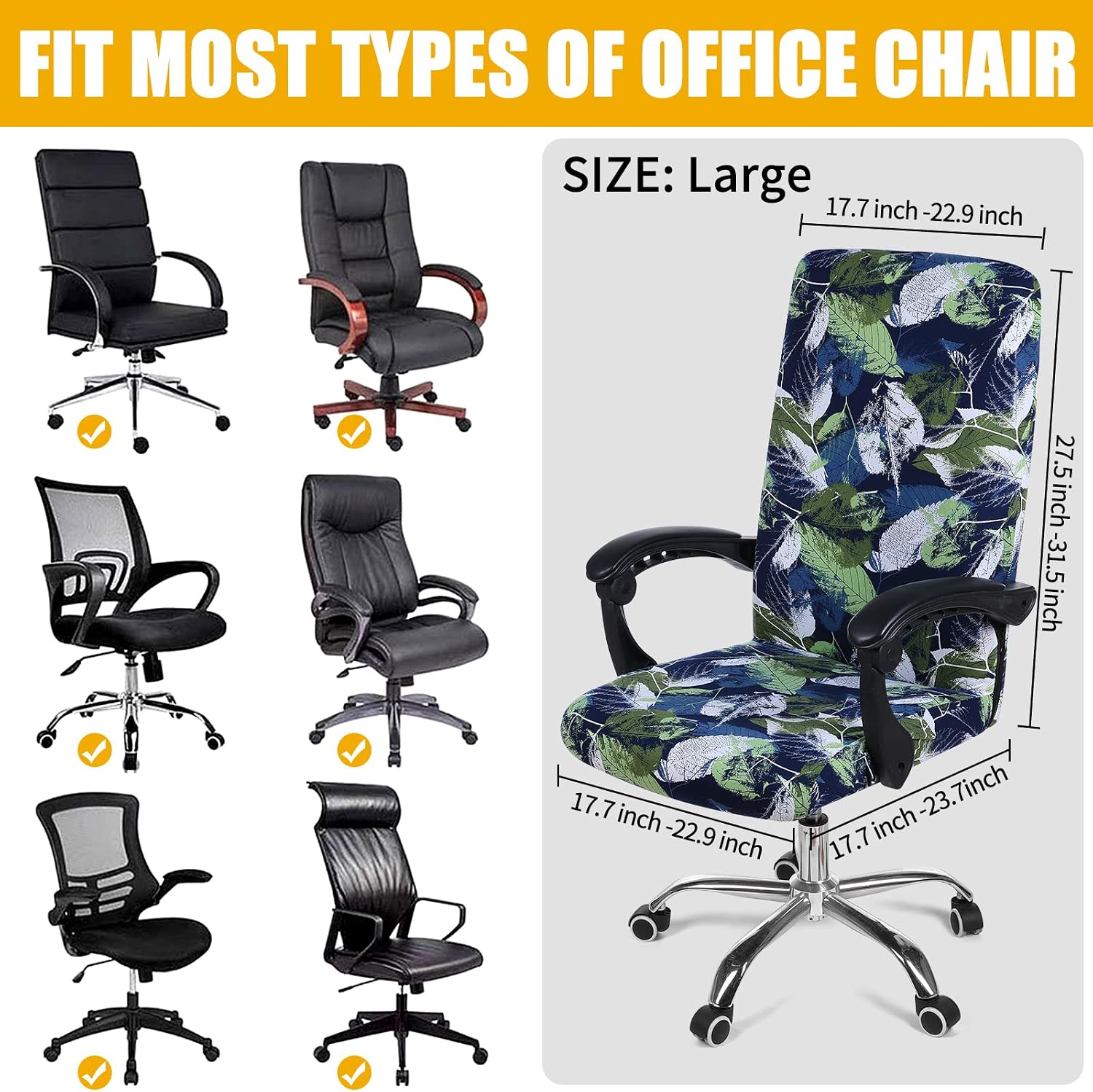 Thumbnail 4 de Smiry Printed Office Chair Cover, Deep Green Stretch Fabric with Zipper