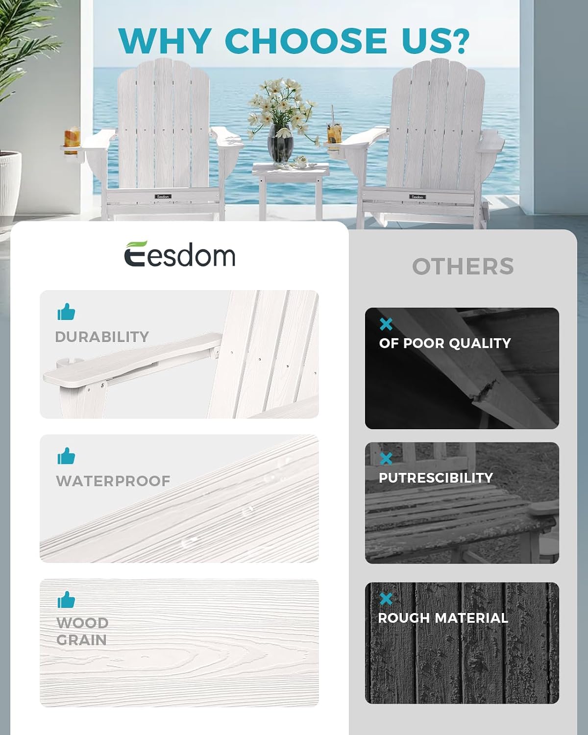 Thumbnail 6 de Eesdom Folding Adirondack Chair, White Wood-Grain Finish, 2 Cup Holders