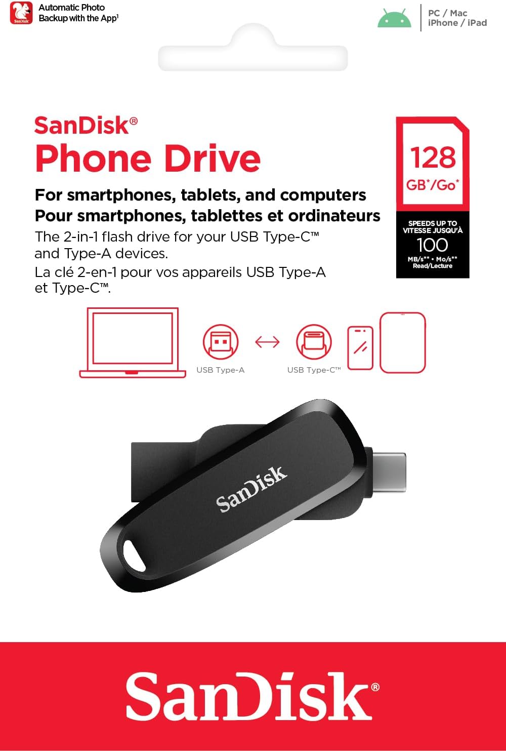 Detalle de SanDisk Phone Drive 128 GB – 2-in-1 Smartphone-Speicher mit USB-C & USB-A, automatischem Backup