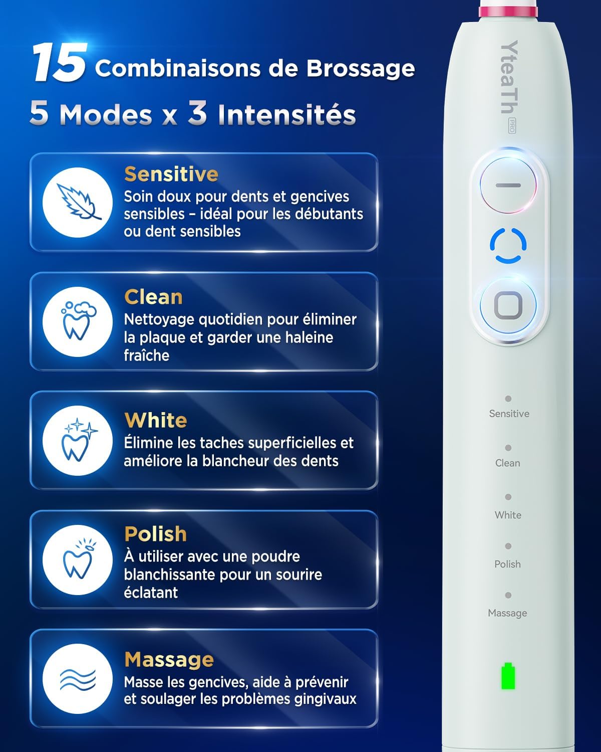 Detalle de YTEATH PRO Brosse À Dent Électrique Rotatives — Gencives Sensibles, 8 Têtes, 5 Modes et 3 Intensités
