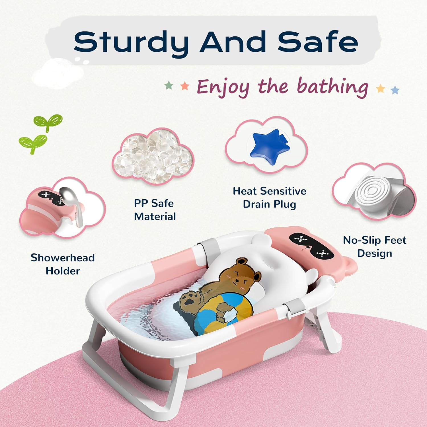 Detalle de COOSEYA foldable baby bath tub with soft cushion (0–18 months), portable space-saving travel option – Pink