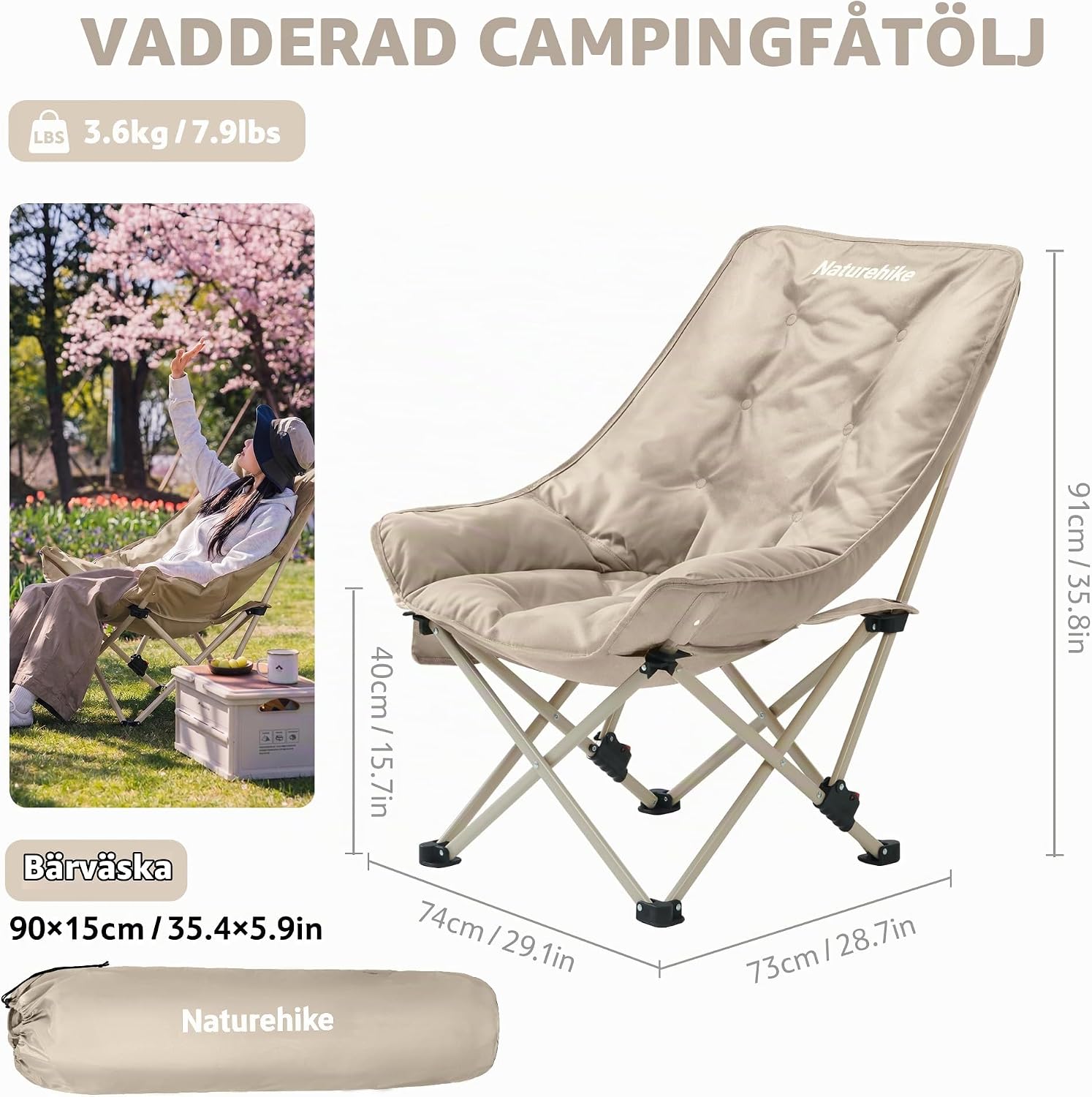 Detalle de Naturehike 6977465861344-DE campingstol med vadderad sits och två rygglägen