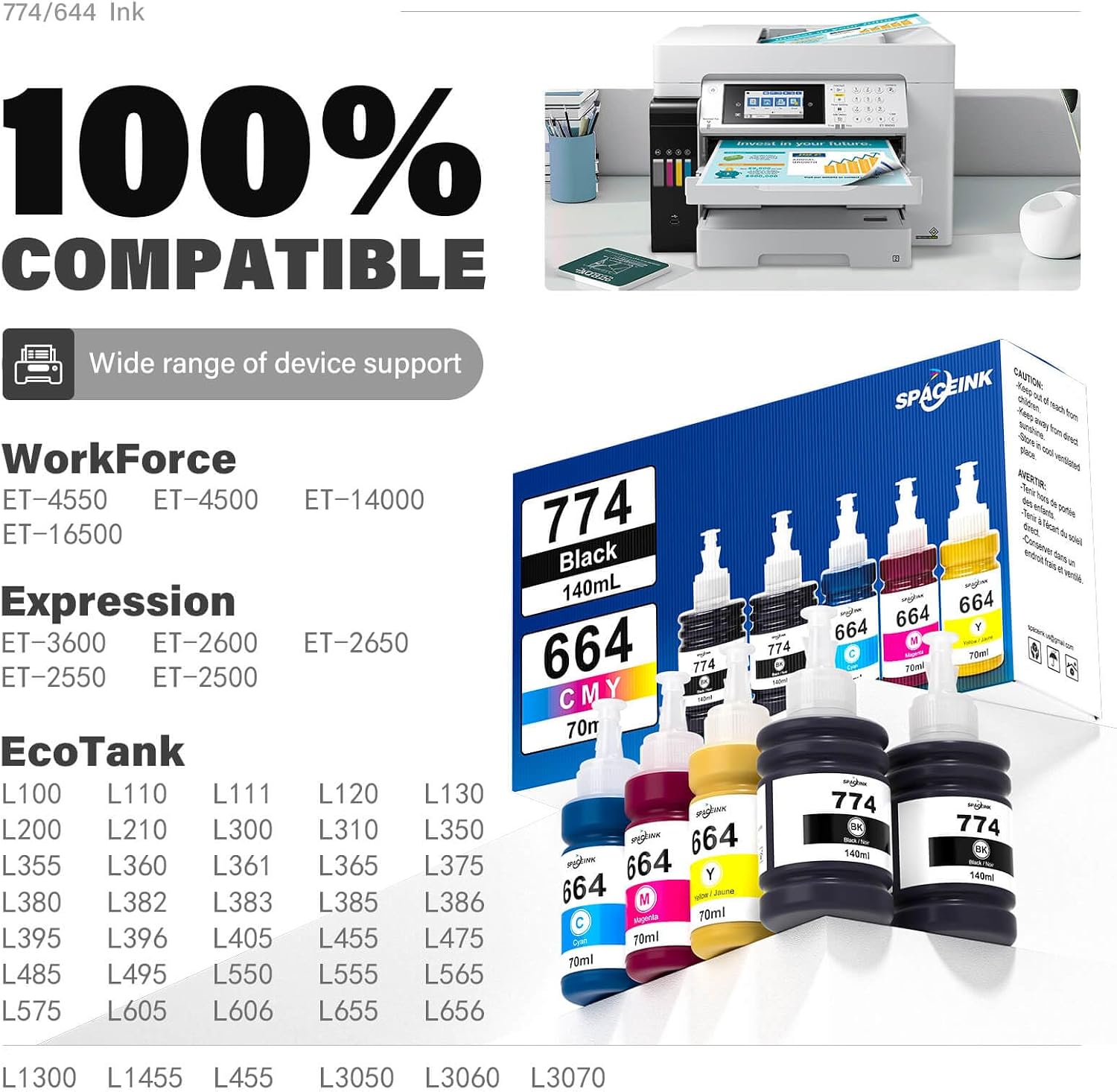 Detalle 2 de Spaceink 774 664 Compatible Ink Refill Bottles, 5-Pack, Black and CMY