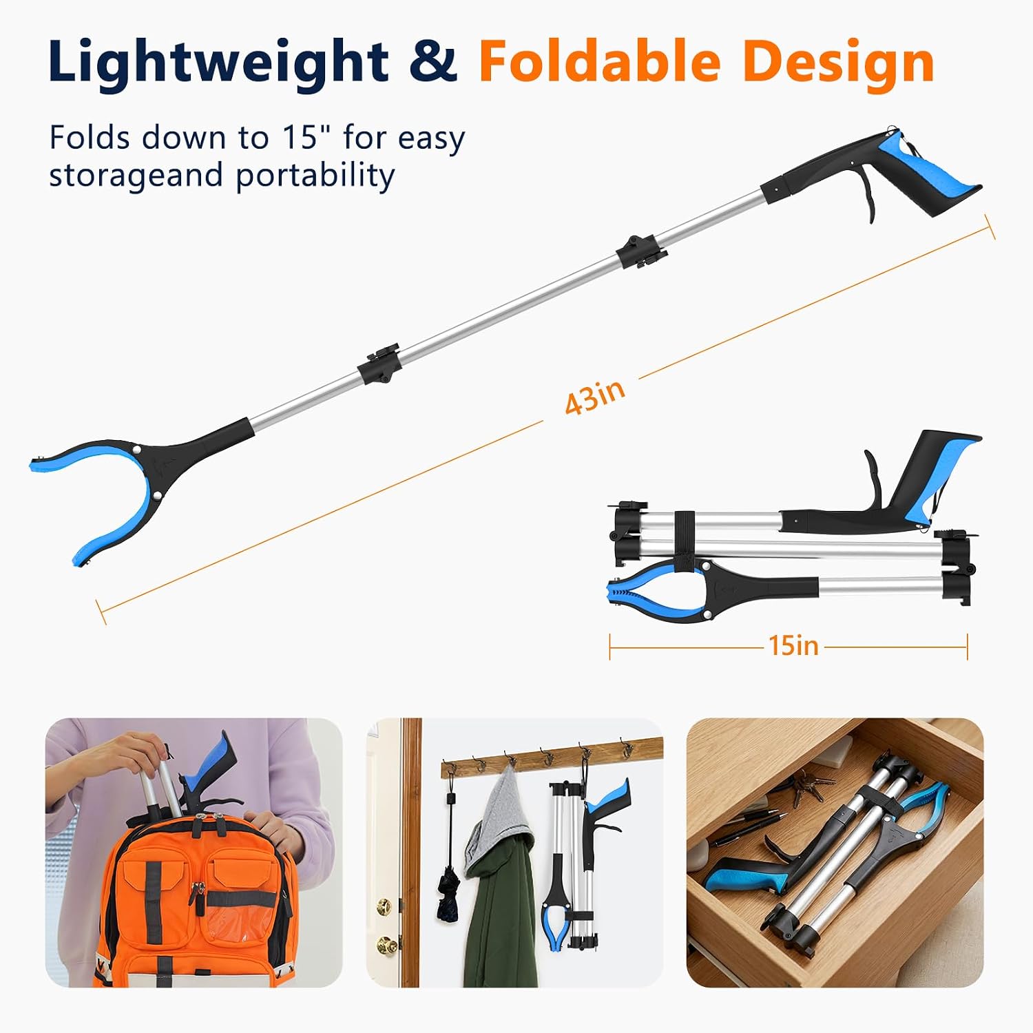 Detalle 1 de rewkcy 43-Inch Grabber Reacher Tool, Foldable 2-Pack with 360° Jaw