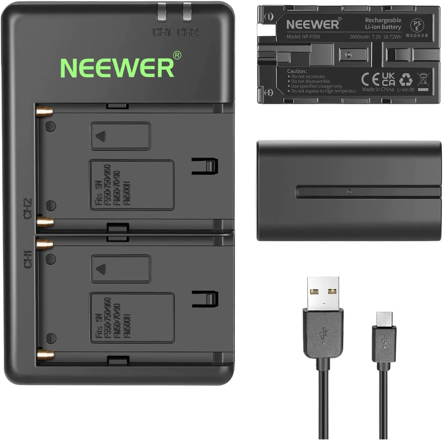 Thumbnail 1 de NEEWER set batterie NP-F550 (2x) e caricatore USB doppio slot con monitor LED
