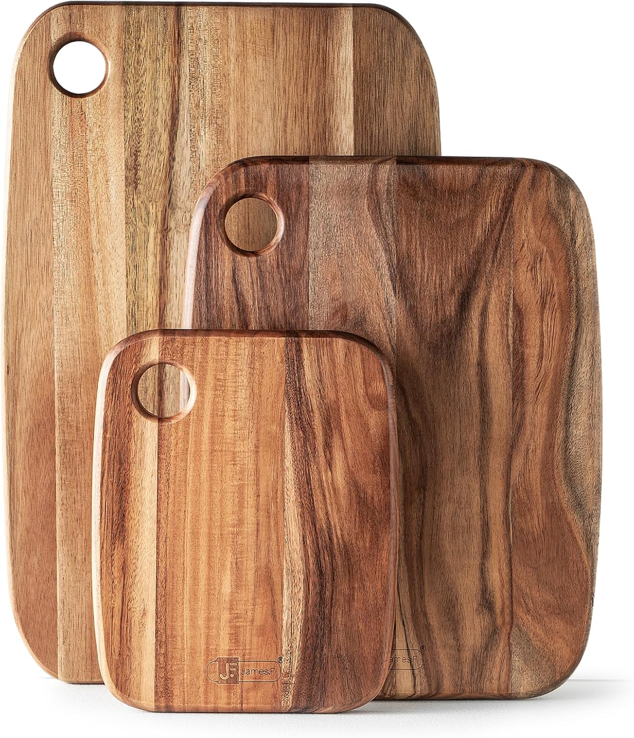 Detalle de Solid Acacia Wood Chopping Board Set of 3 (Non-Toxic) – Heavy Duty Wooden Cutting Boards with Hanging Holes