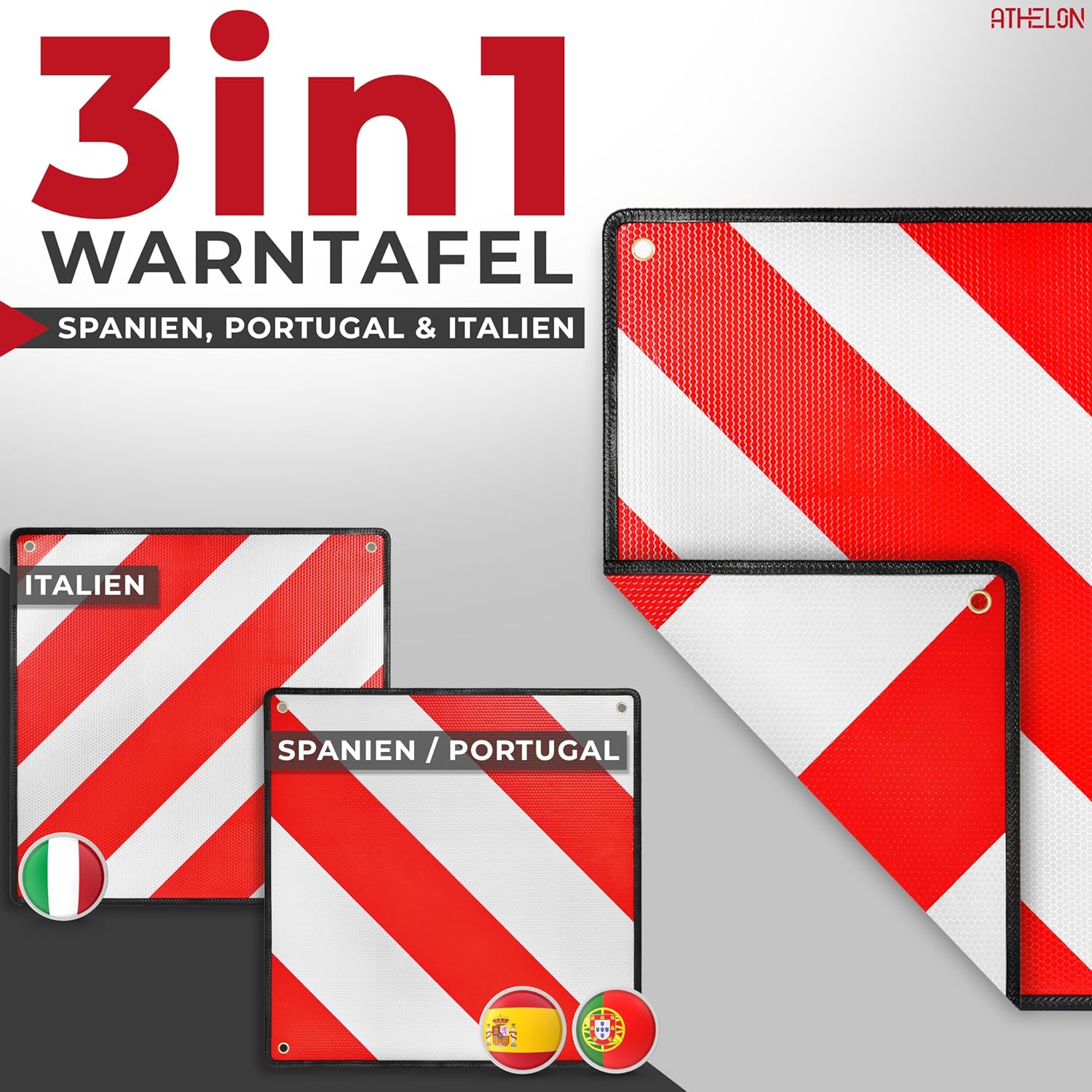 Thumbnail 1 de ATHELON 3in1 Warntafel Italien, Spanien & Portugal – wetterfestes Aluminium-Warnschild für Radträger und Wohnmobil