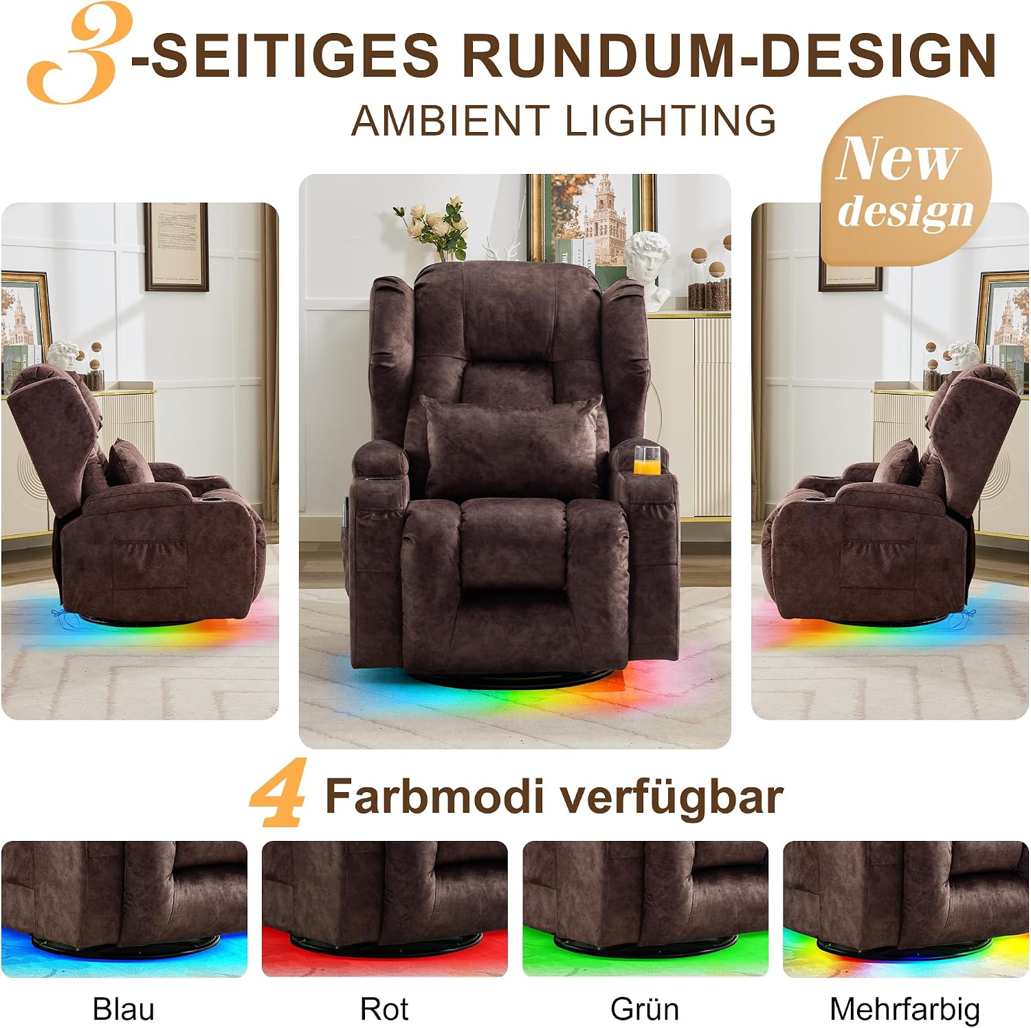 Thumbnail 5 de SITURAY 2-Motoren Elektrisch Verstellbarer Relaxsessel mit Liegefunktion, Drehbarer TV-Sessel inkl. Massage und Wärme – Samt Braun (2er-Set)