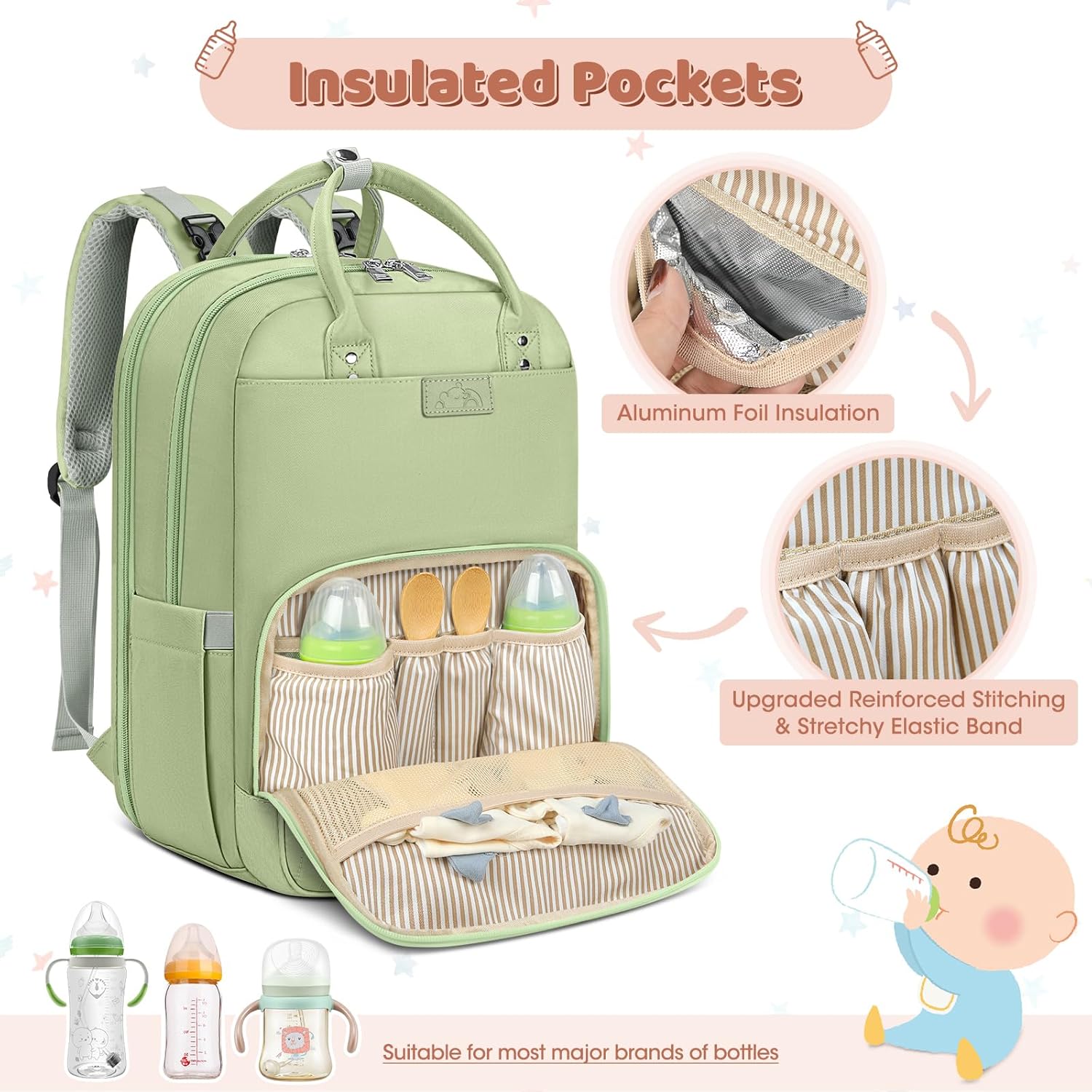 Thumbnail 3 de RAINSMORE Baby Wickelrucksack Groß inkl. Kinderwagengurten und Wickelunterlage – 3-teiliges Set, Schwarz (Hellgrün)