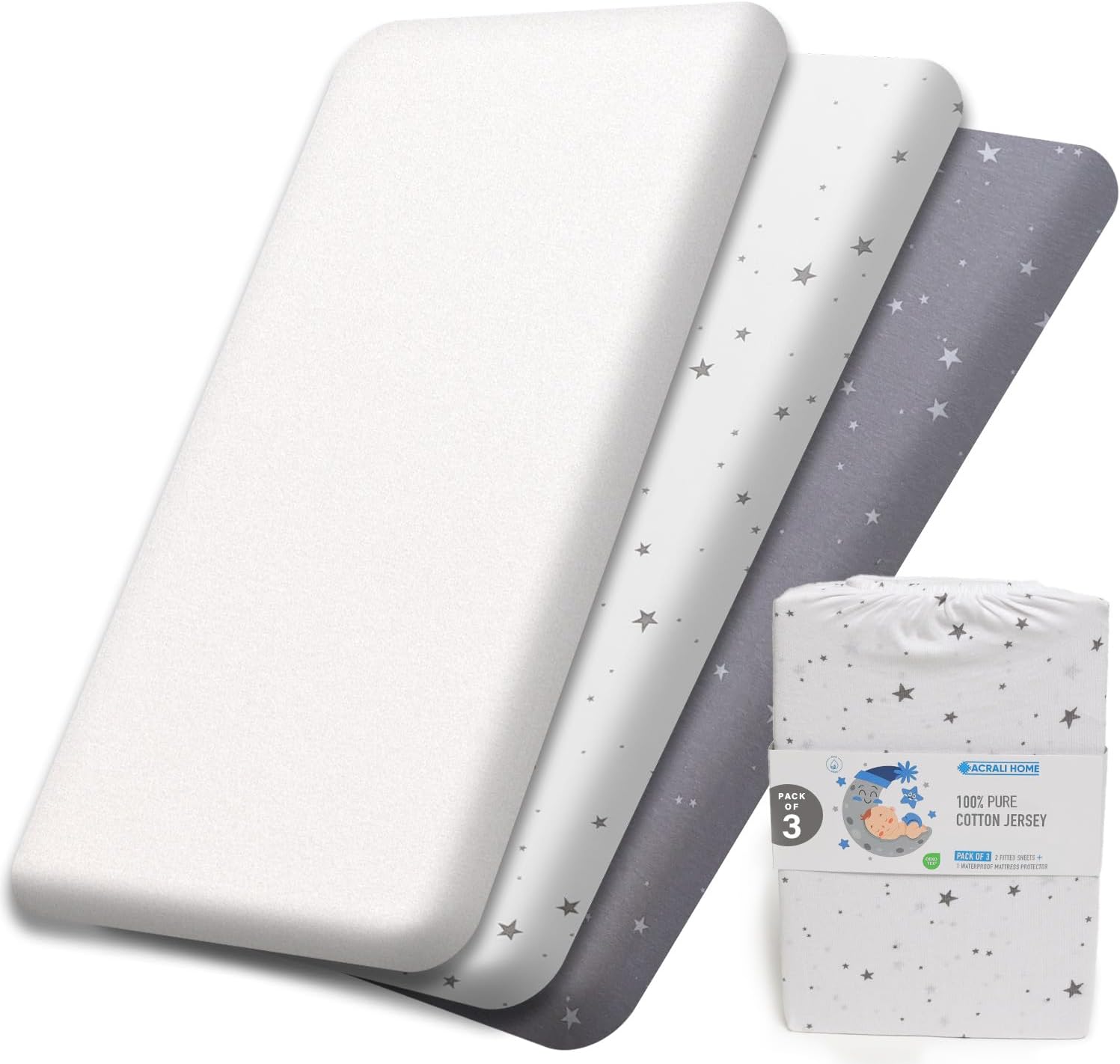 Detalle de Next to Me Crib Sheets 55x90 cm (3 Pack) with Waterproof Mattress Protector – Cotton fitted sheets for 55x90 cm cribs