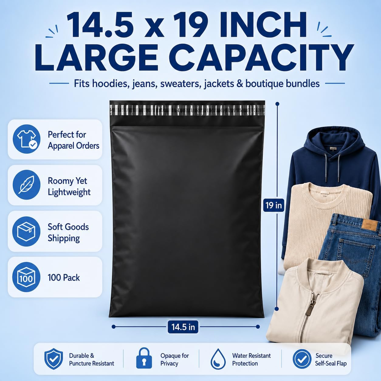 Detalle 2 de Fuxury FU2021826 Large Poly Mailers, 14.5 x 19 in, Black, Self-Seal