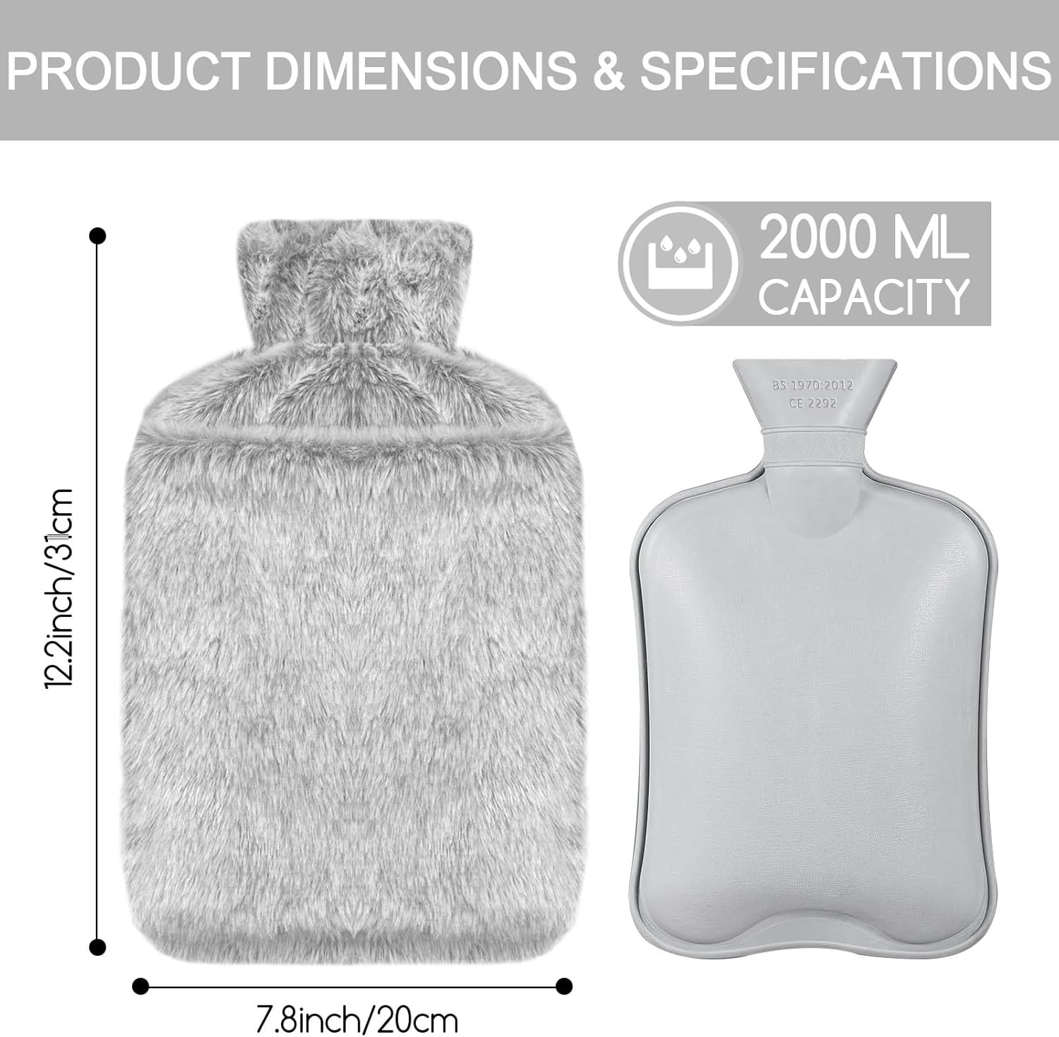 Detalle de Jsdoin Hot Water Bottle 2L with Faux Fur Cover