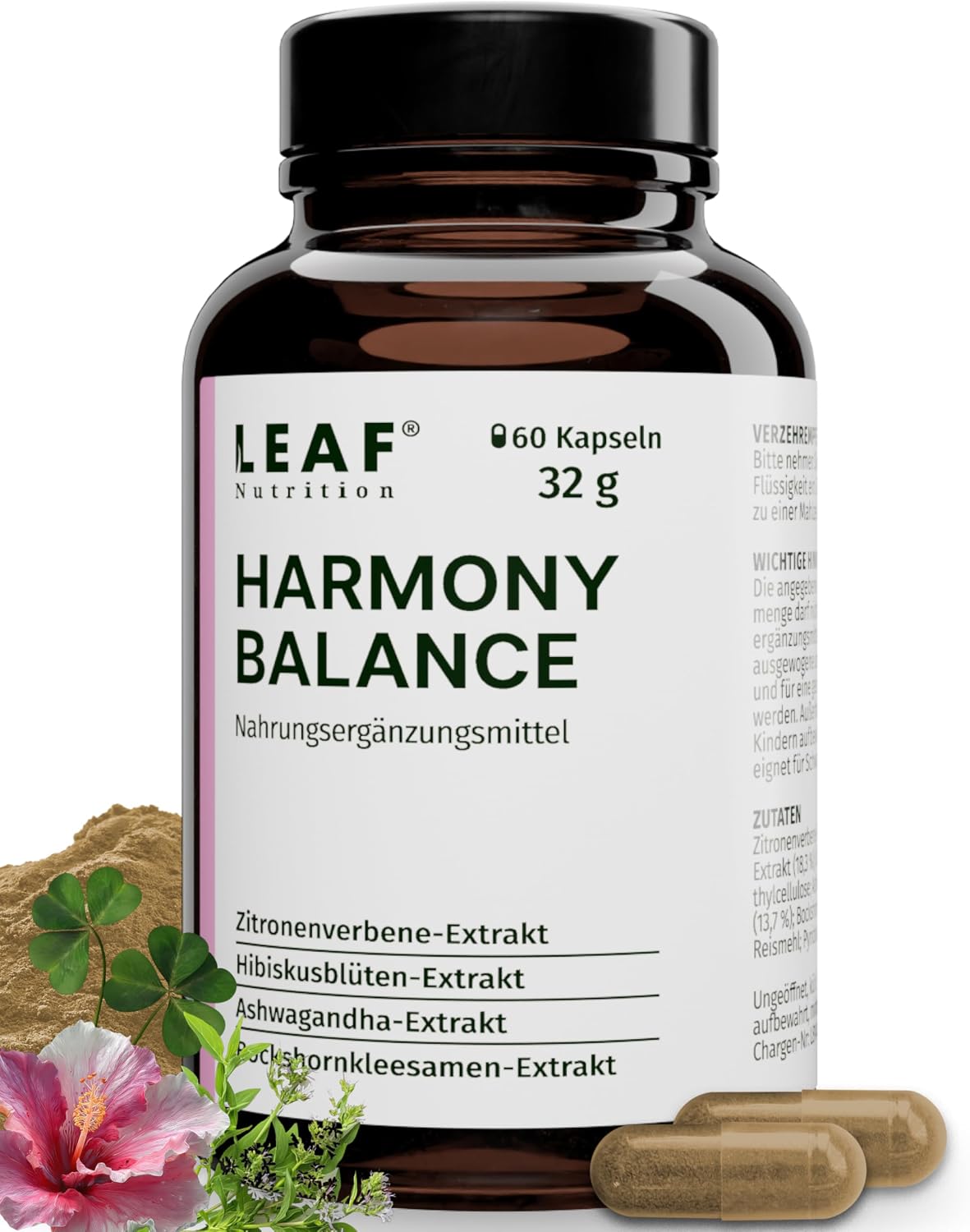 Detalle de LEAF HARMONY BALANCE Balance-Kapseln für Frauen mit Vitamin B6, Ashwagandha, Pinienrinde & Ginkgo – 60 vegane Kapseln