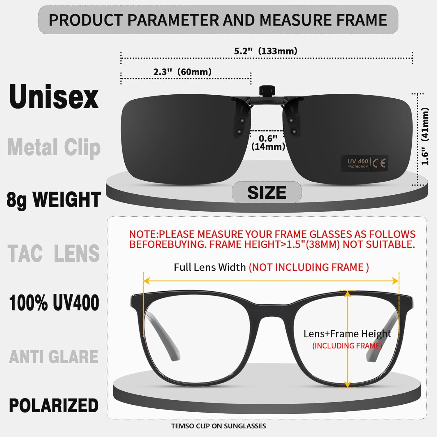 Detalle de TEMSO clip on sunglasses UV400 8g