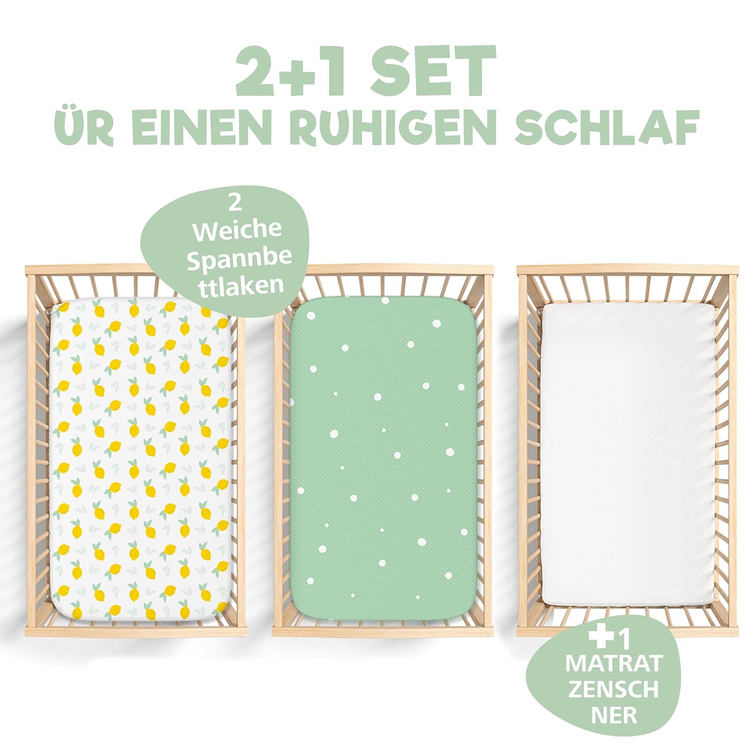 Thumbnail 1 de Sweety Fox 3‑teiliges Minikuna-Set: 2x Baumwoll-Spannbettlaken und 1x wasserdichter Matratzenschutz, 50x83 cm, Zitrone