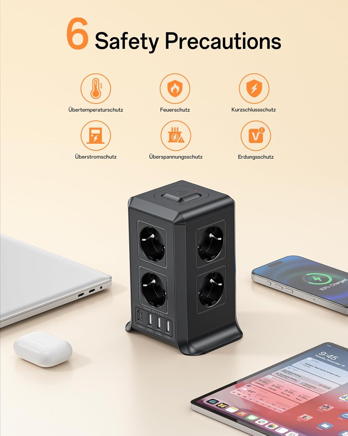 Thumbnail 3 de 5M Verlängerungskabel Mehrfachsteckdose mit Schalter: 8-Fach-Steckdosenleiste, 3 USB + USB-C, Überspannungsschutz