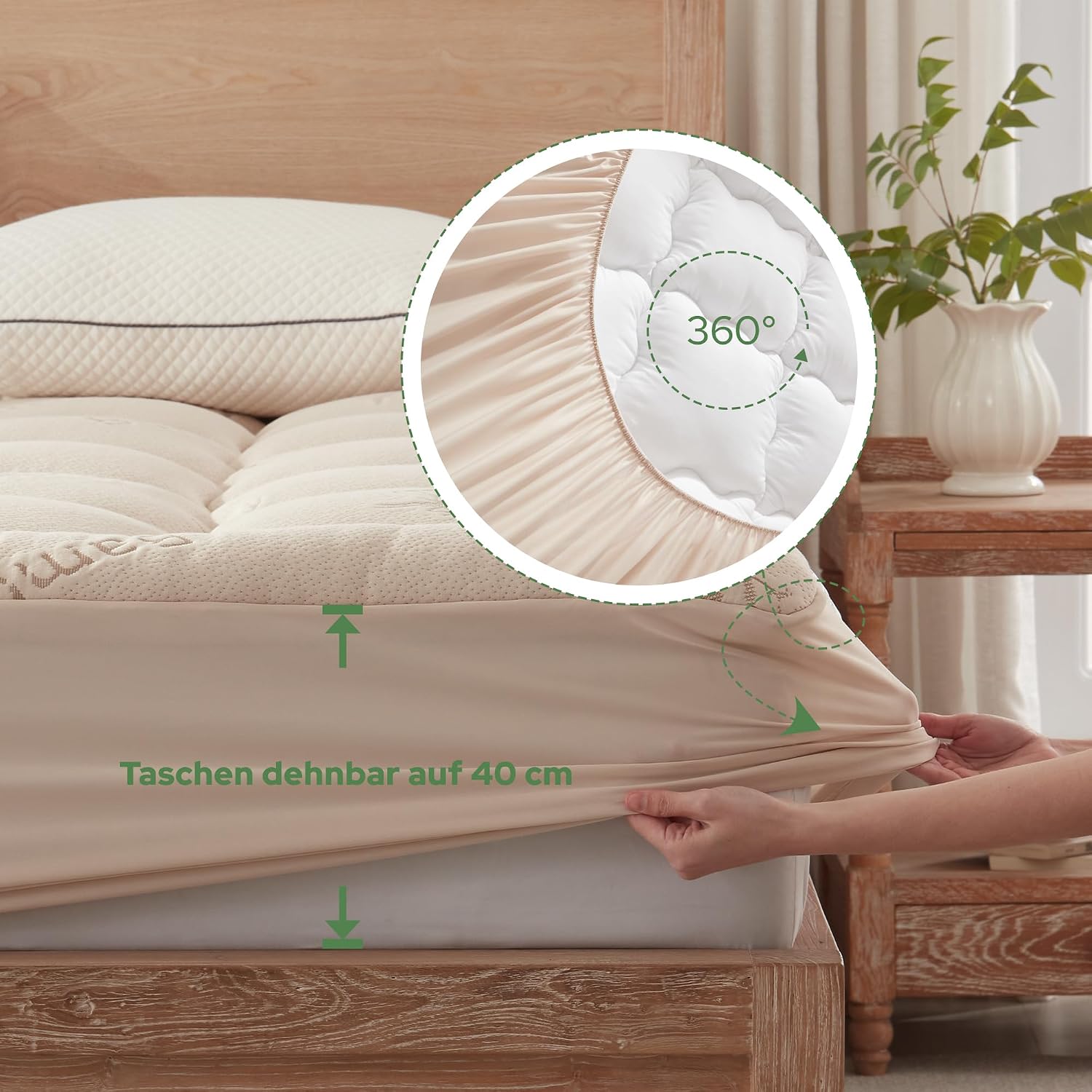 Detalle de BEDLORE Matratzentopper 160x200 cm aus Bambusfaser-Viskose – Beigefarbene Auflage mit tiefen Taschen