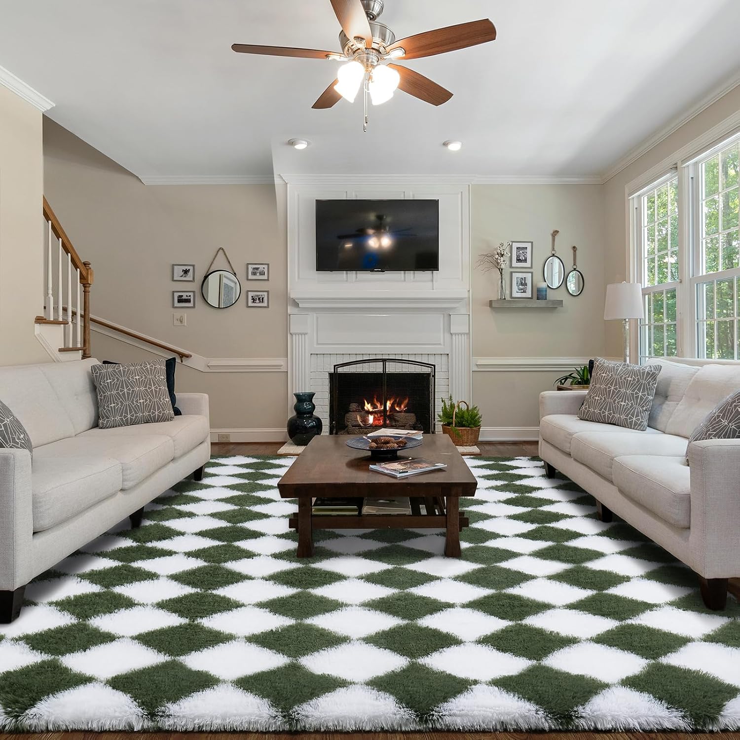 Thumbnail 5 de FVVRAX Checkered Shaggy Rug 200x300cm in Olive Green & White