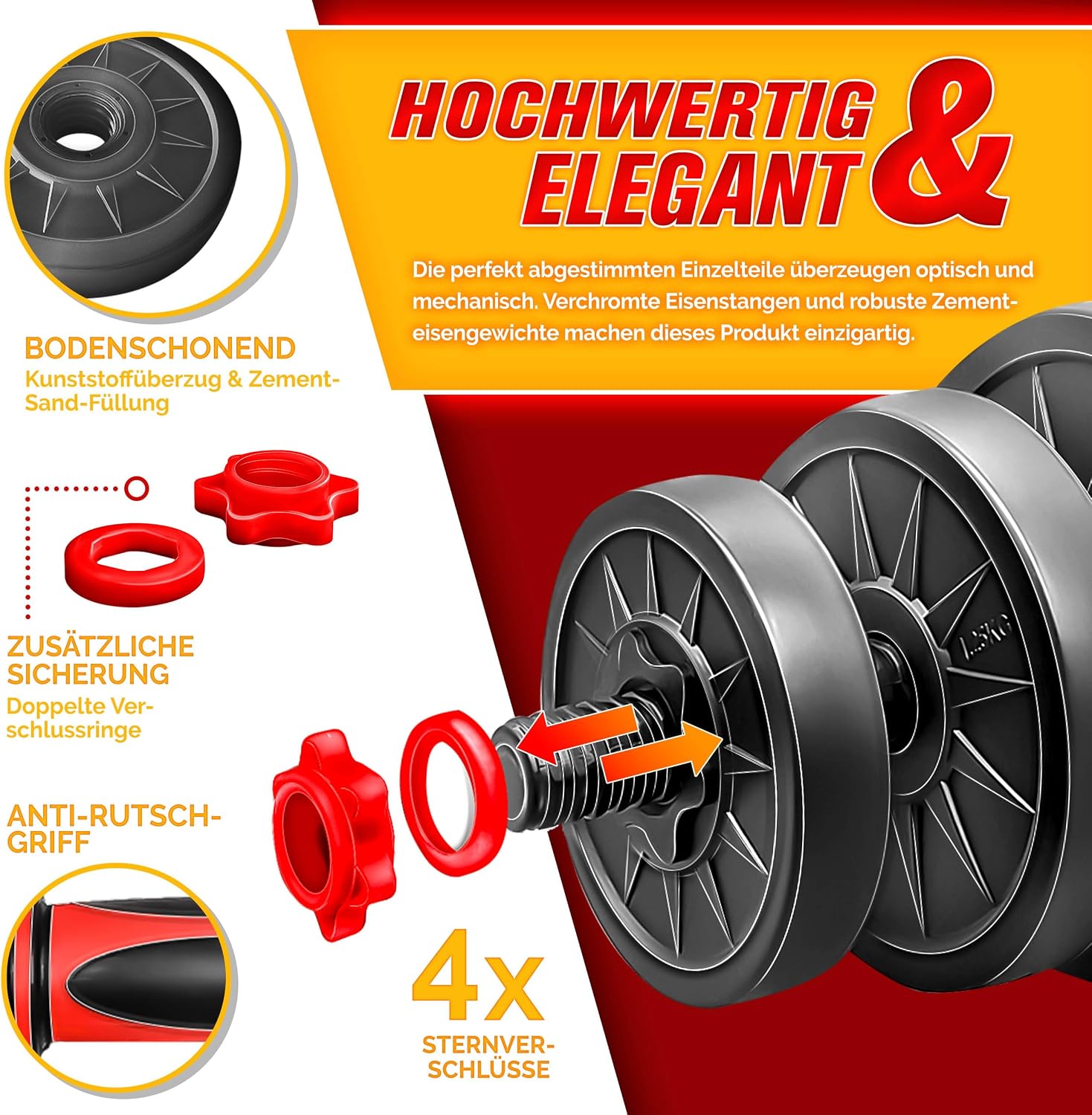 Detalle de RE:SPORT 2-in-1 Hantelset 15–30 kg – Kurzhantel & Langhantel mit 400-mm Verbindungsrohr