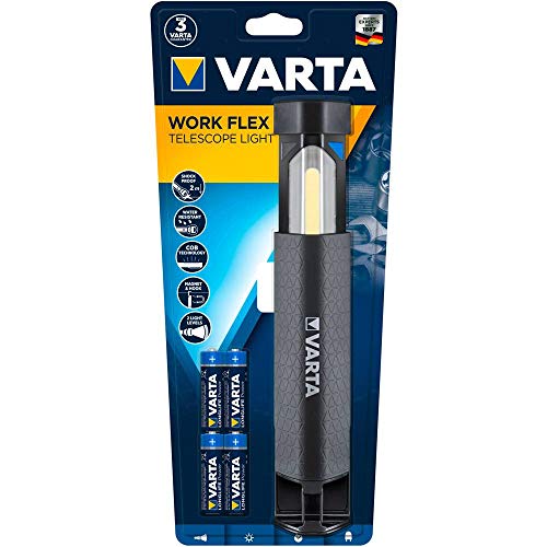 Detalle de Varta Work Flex Telescope Light con 4 pilas AA — iluminación eficiente para taller, habitación y coche