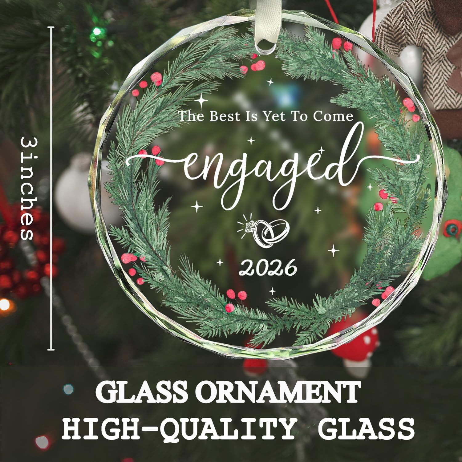 Detalle 2 de Lakatay Glass Engagement Ornament, Round 3.1-Inch Hanging Keepsake