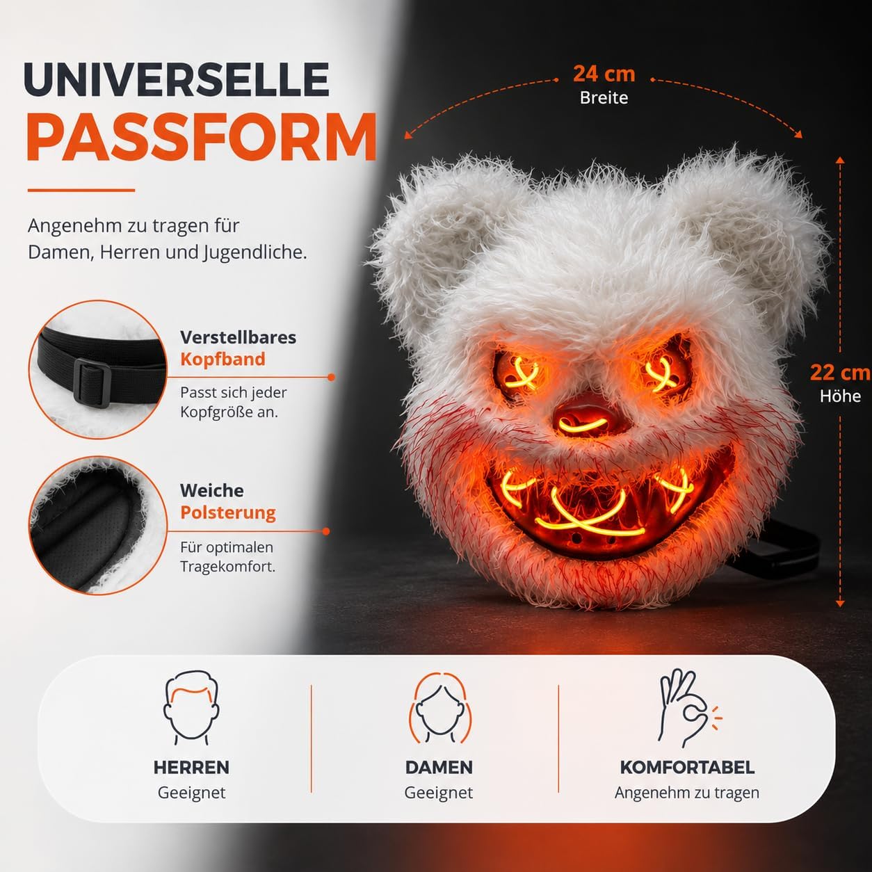 Detalle 1 de TK Gruppe Timo Klingler ledmasker voor Halloween en carnaval met verlicht gezicht
