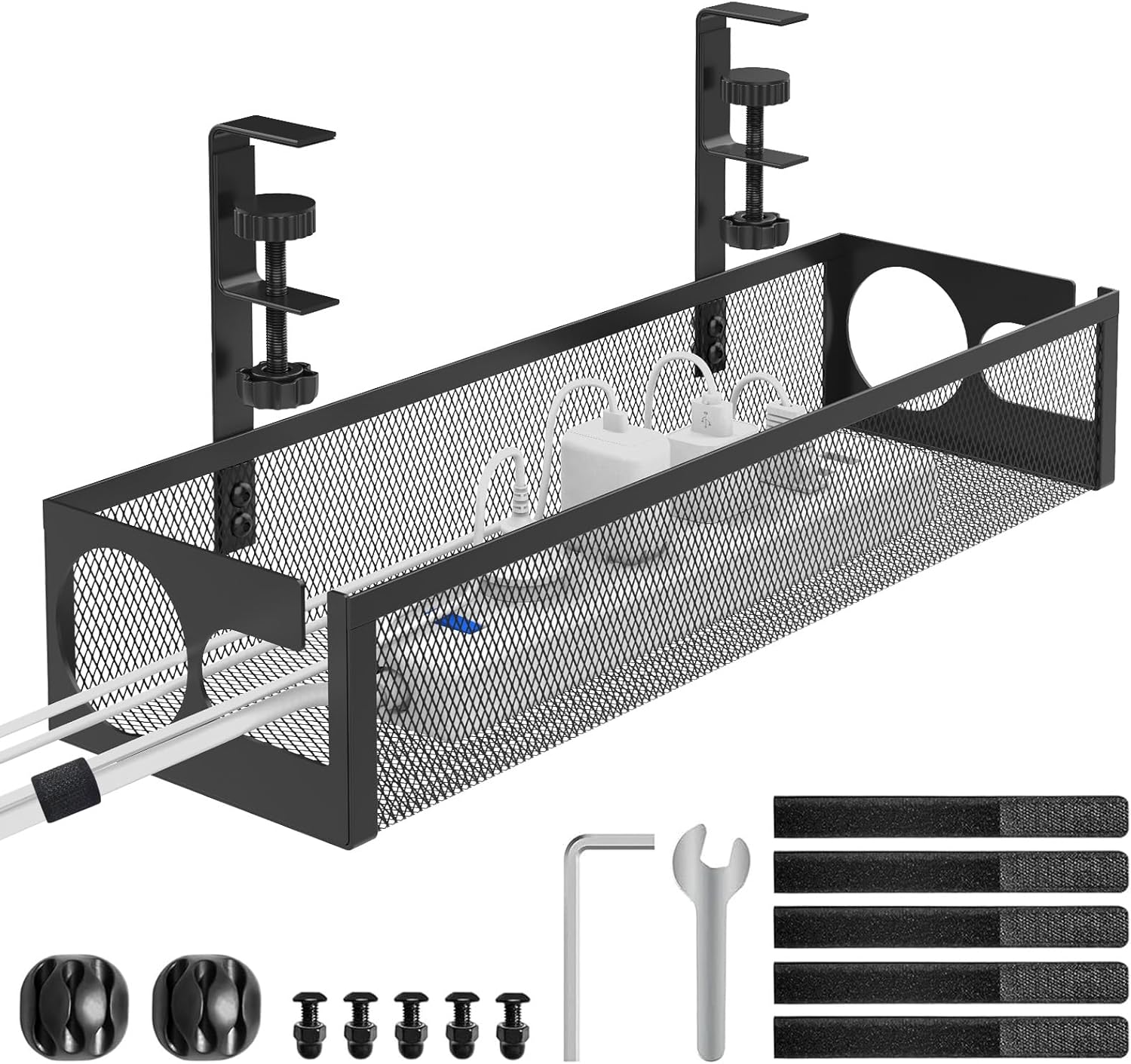RERLYING Under Desk Cable Management Tray: No Drilling, No Damage, Metal Mesh with Clamp