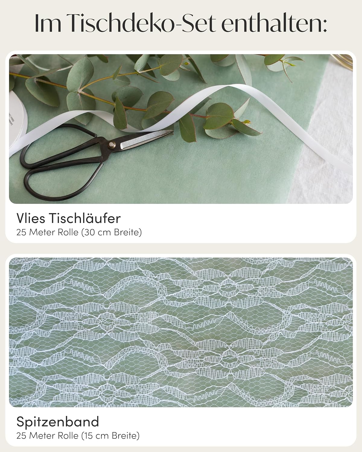 Thumbnail 3 de 100%Mosel Tischläufer-Set Eukalyptusgrün & Weiß mit Vliesbahn (30 cm x 25 m) und Spitzenband (15 cm x 25 m)