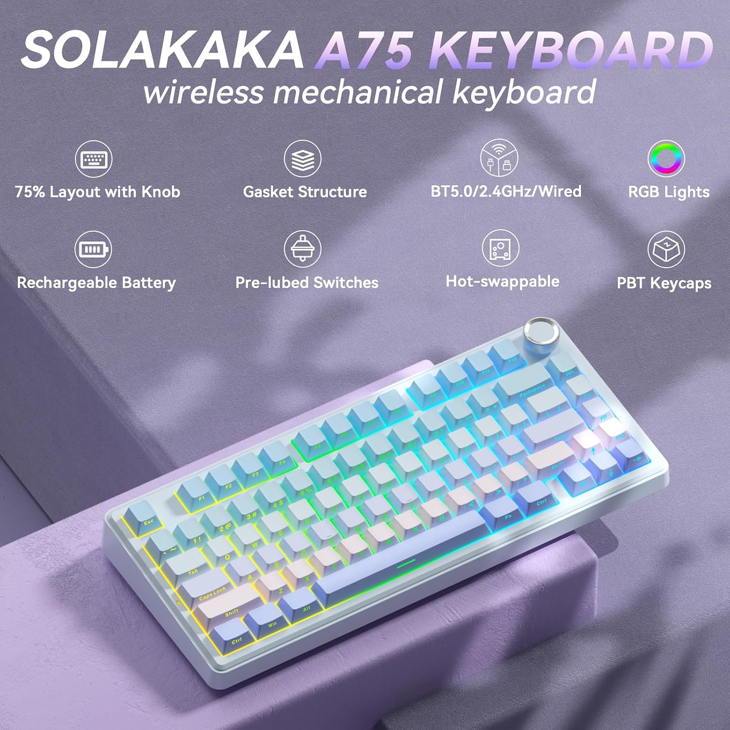 Detalle 2 de SOLAKAKA A75-Gradient-BluePurple 75% Wireless Mechanical Keyboard, RGB, Hot-Swappable