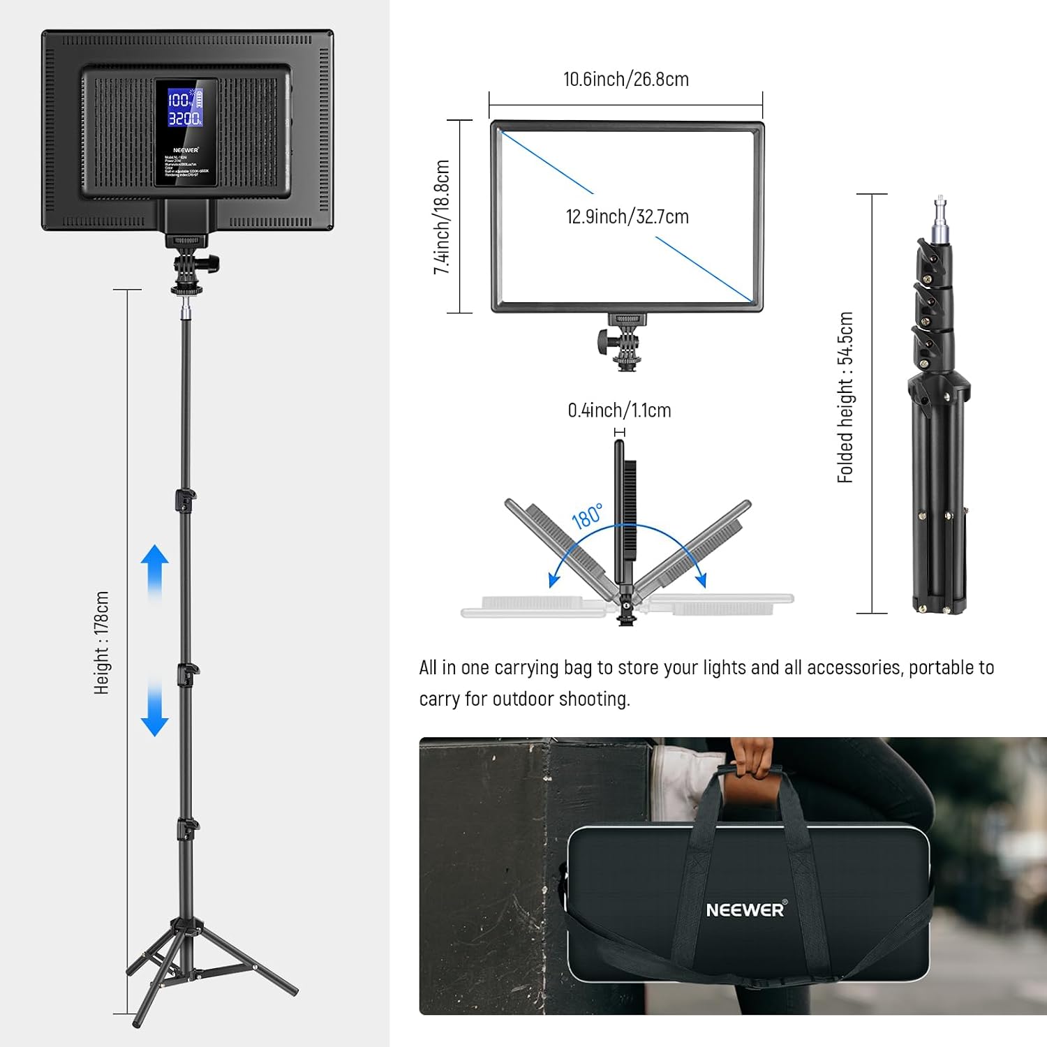 Thumbnail 4 de Neewer 13" LED Video Light Panel Kit (2 Pack) – Bi-Color, Dimmable, with Tripod Stands and 8000mAh Battery