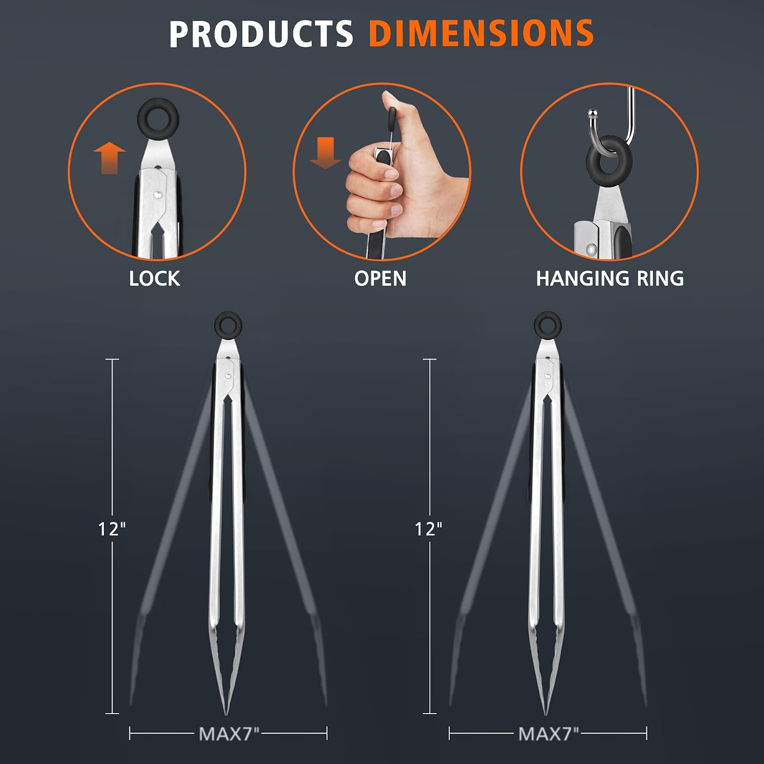 Thumbnail 6 de HOTEC Kitchen Tongs, 12-Inch Stainless Steel Set of 2 with Locking Pull Ring