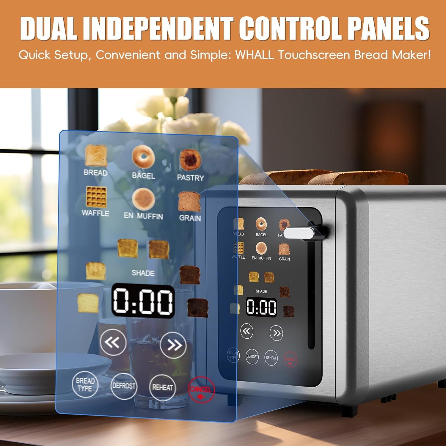 Detalle 2 de WHALL Touch Screen Toaster 2-Slice with Timer 🍞