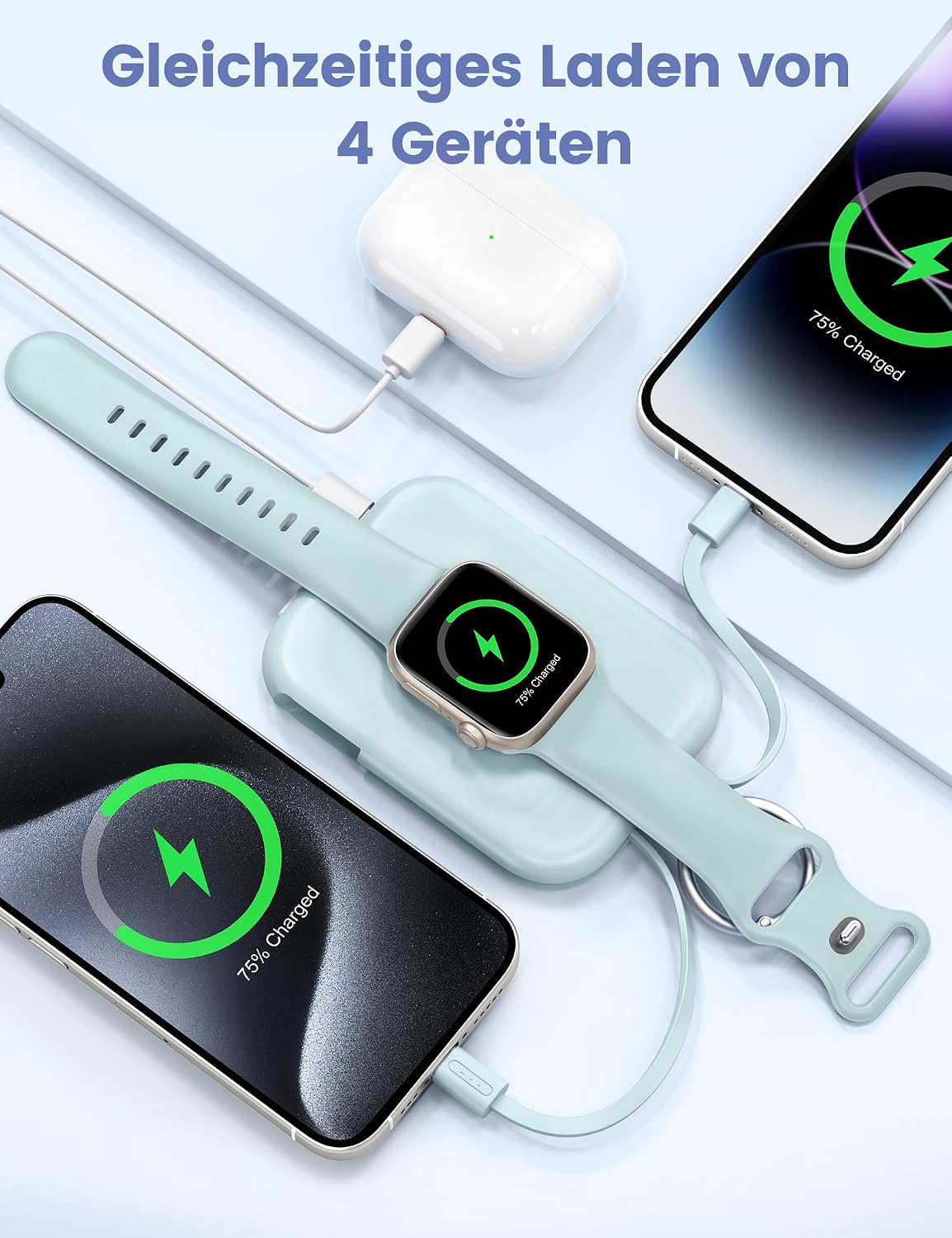 Detalle de RORRY 5000mAh Portable Charger with Built-in Cables — Compact Travel Keychain Power Bank for iPhone and Apple Watch (Blue)