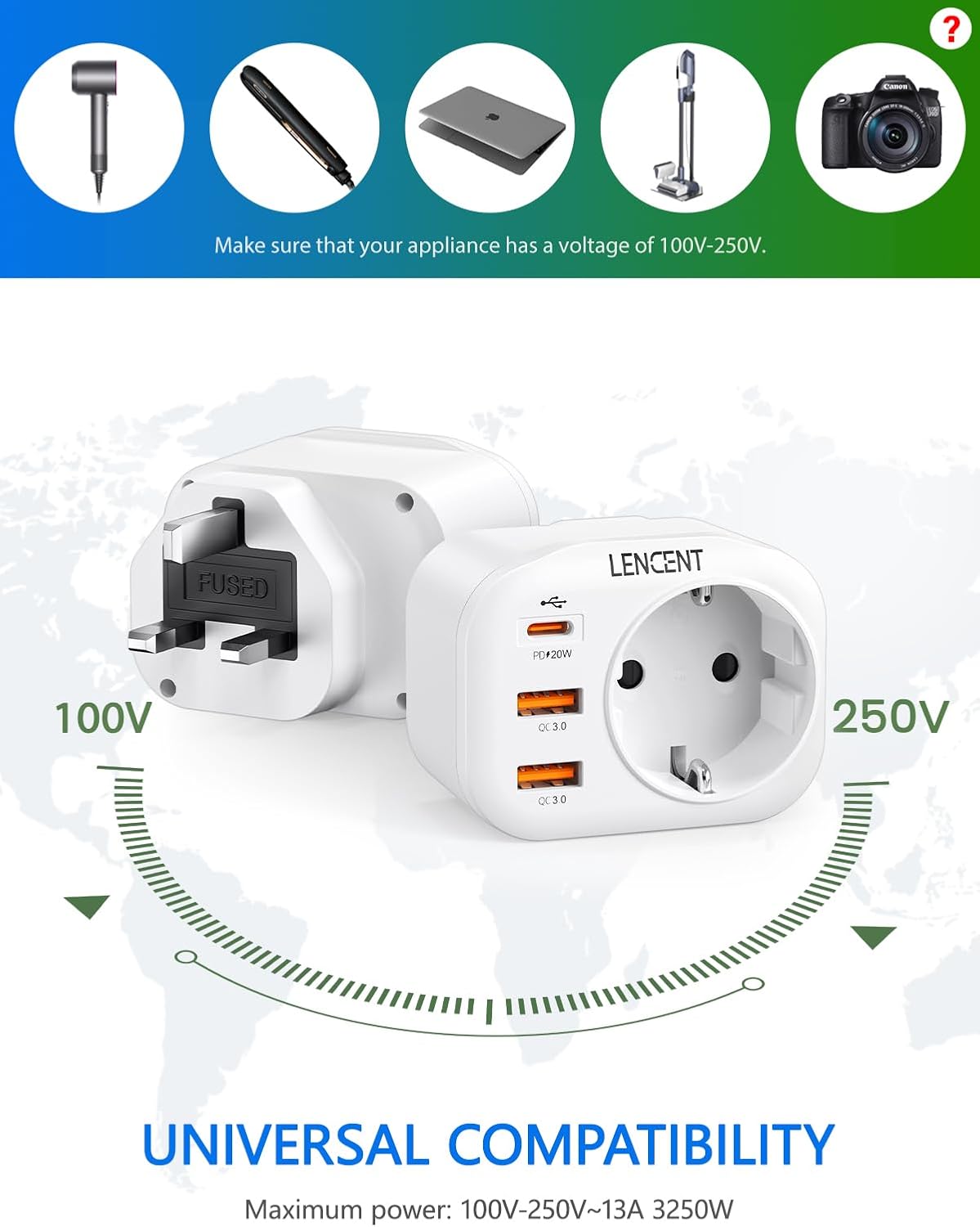 Detalle de LENCENT Reiseadapter UK – 4-in-1 Typ-G Stecker mit 2 USB-C PD/ QC3.0 Anschlüssen (2er Set)