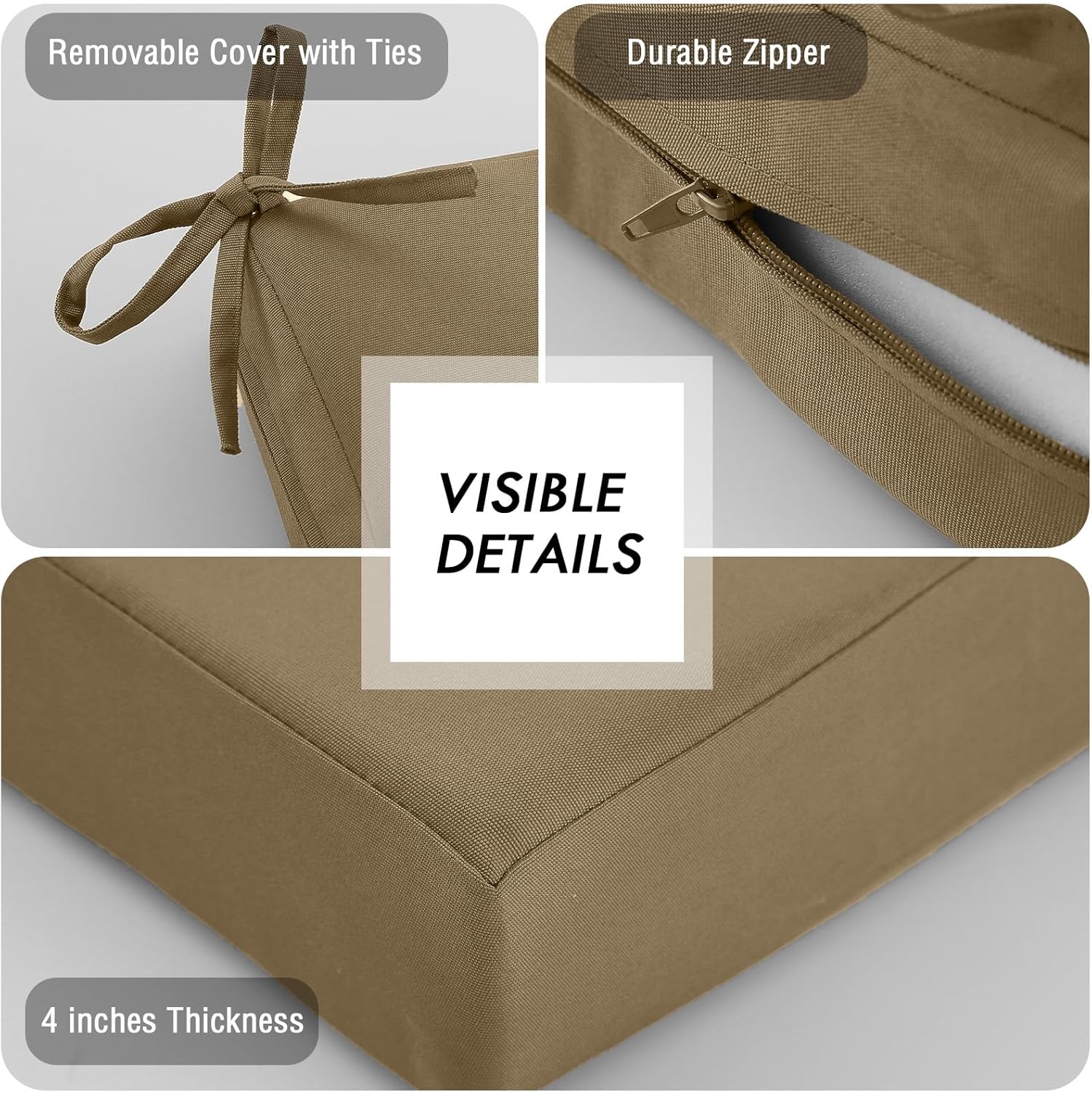 Thumbnail 3 de PRIMEPATIO Outdoor Chair Seat Cushions Set of 2 – 7cm Thick 50x50cm Dark Khaki, Waterproof Rattan Garden Cushions with Ties