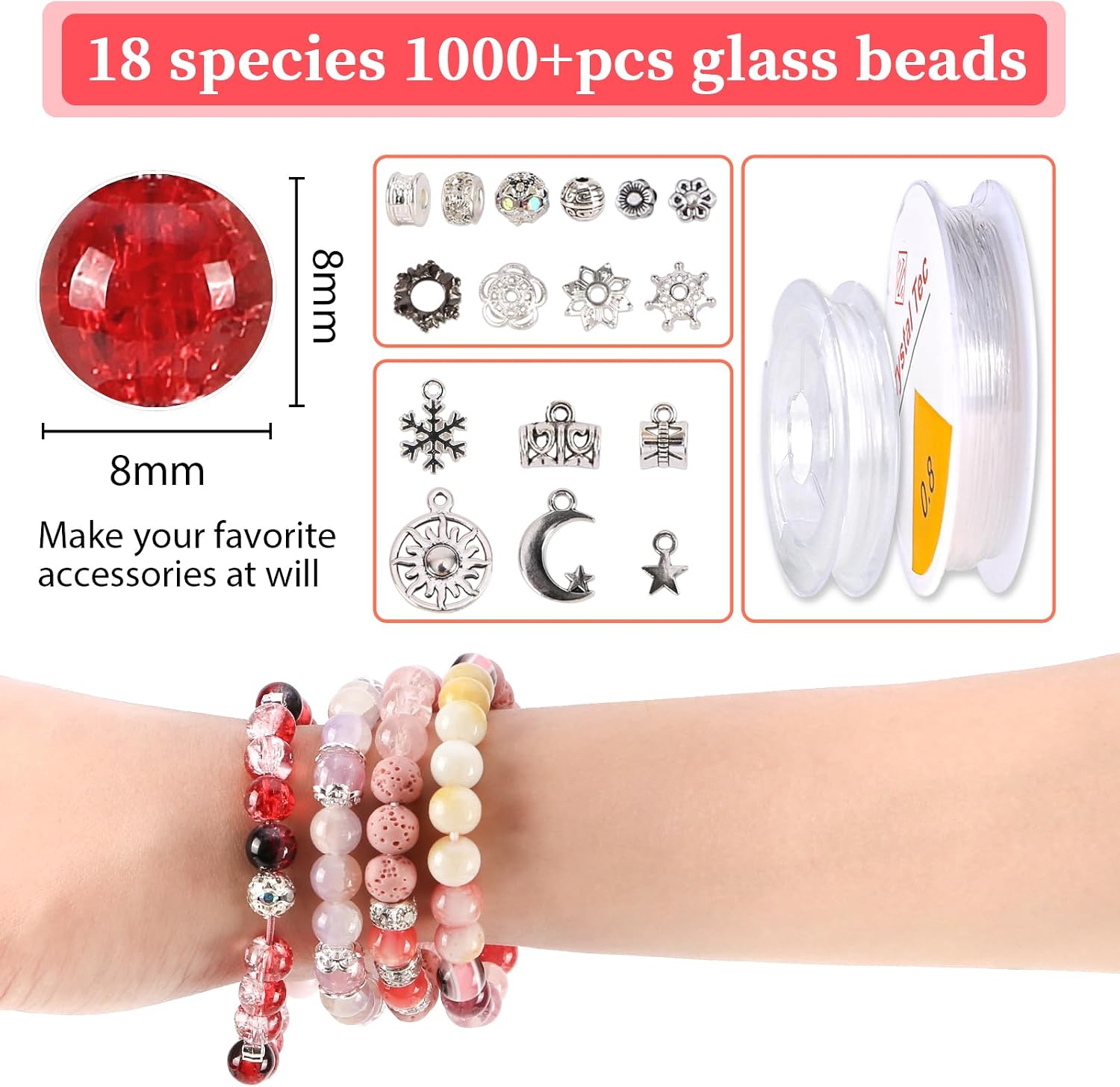 Detalle de Tunmiok LW-RMX-A01 Glass Bead Jewelry Making Kit, 18 Colors, 8mm