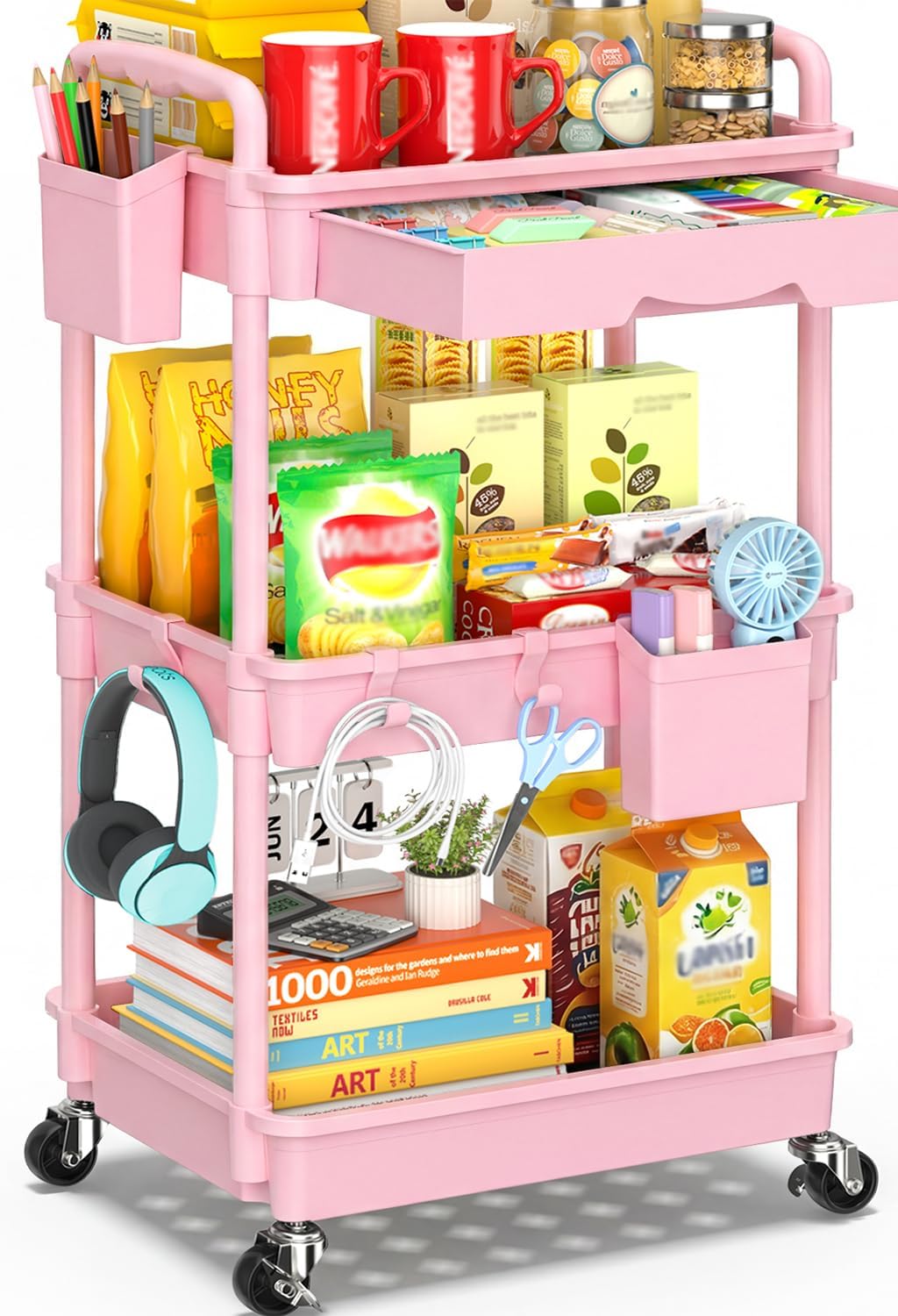 Detalle de SUNALLY SN-UC03PK 3-Tier Rolling Storage Cart with Drawer, Pink, Locking Wheels
